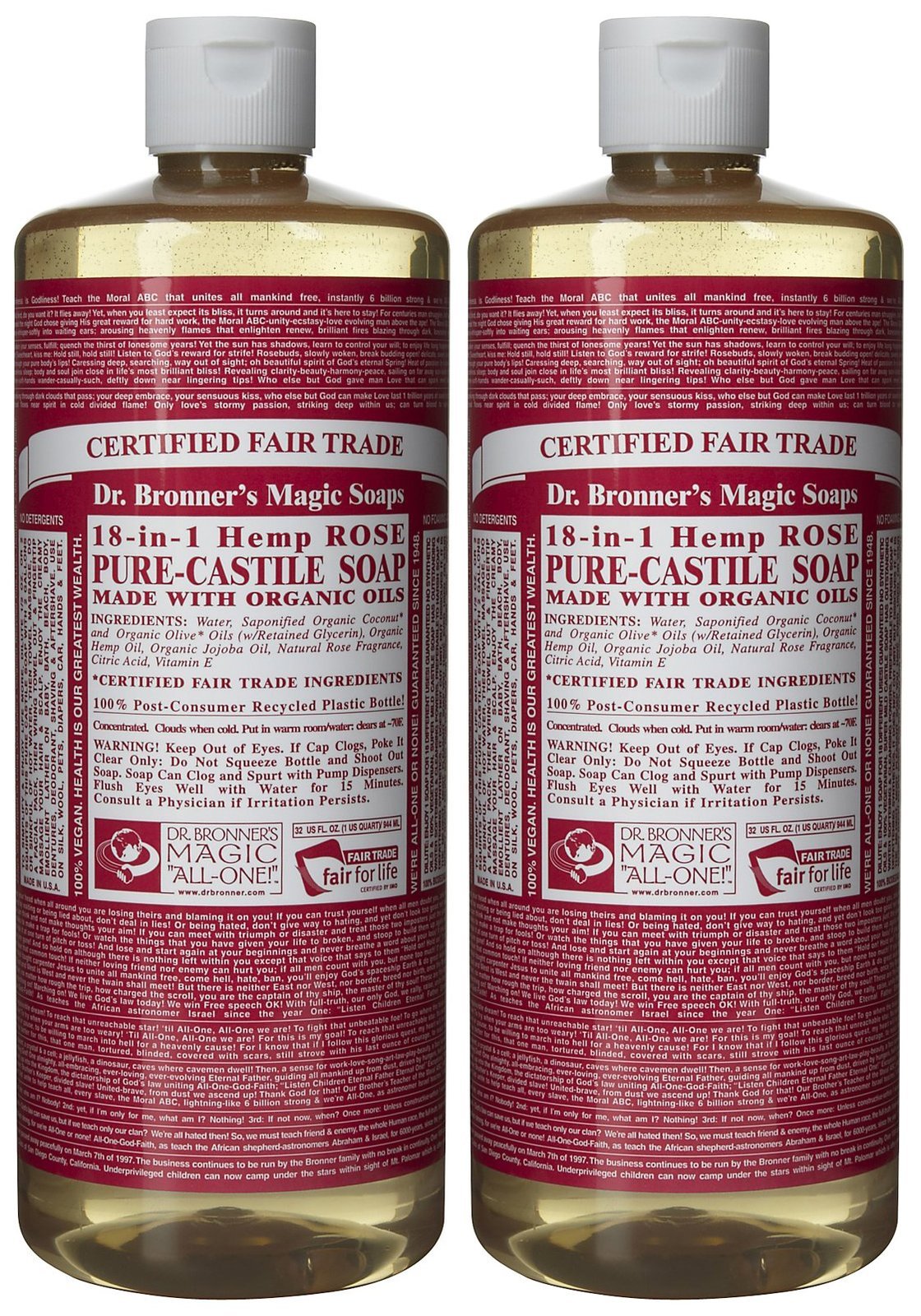 Dr. Bronner's Organic Pure Castile Liquid Soap, Rose, 32 oz, 2 pk by Dr. Bronner's
