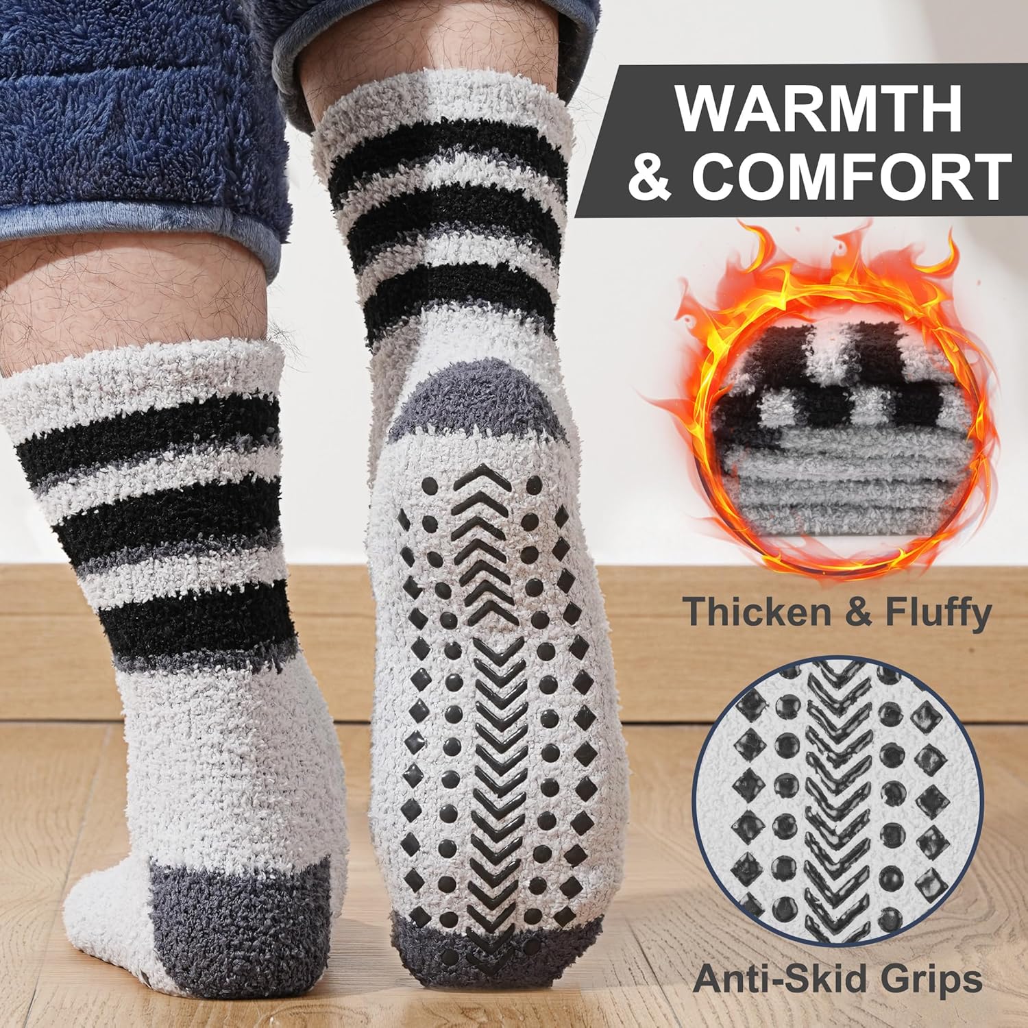 Mens Fuzzy Slipper Socks with Grips, Warm Non-slip Thick Hospital Socks Cozy Home Sleep Gift for Husband Dad 5 Pairs - Image 3
