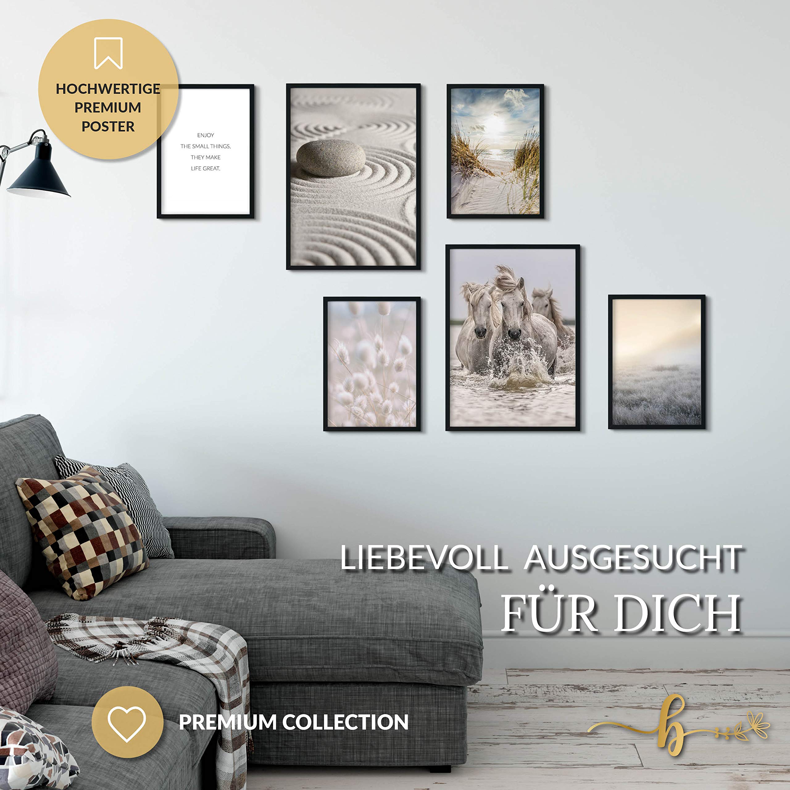 Poster 6er Set Beidseitige Bilder - Stilvolle Home Deko für Schlafzimmer und Wohnzimmer | Poster Vintage Set Traumfänger Boho A3 | A4 (Federleicht, A4 | A5 in Holzrahmen (schwarz))