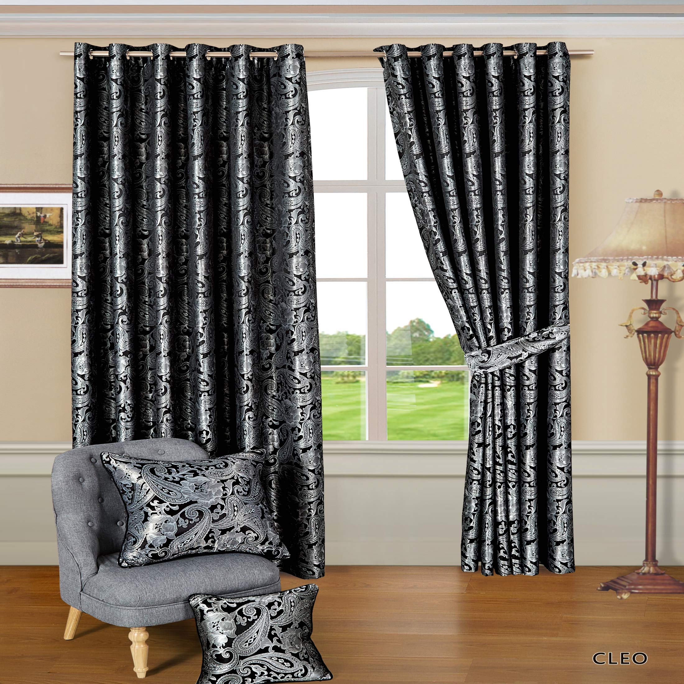 SSP Jacquard Pair Curtain Fully Lined Ring Top Eyelet Tiebacks (RT Black, 66" x 72" + Tiebacks)