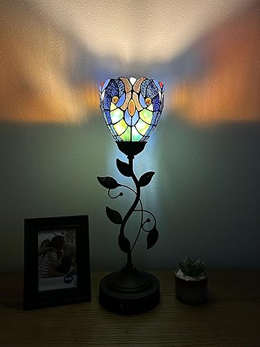 Tiffany - Mini lámpara de mesa con antorcha verde y azul, hojas de metal, base de bronce, incluye bombilla LED, puertos USB para sala de estar,