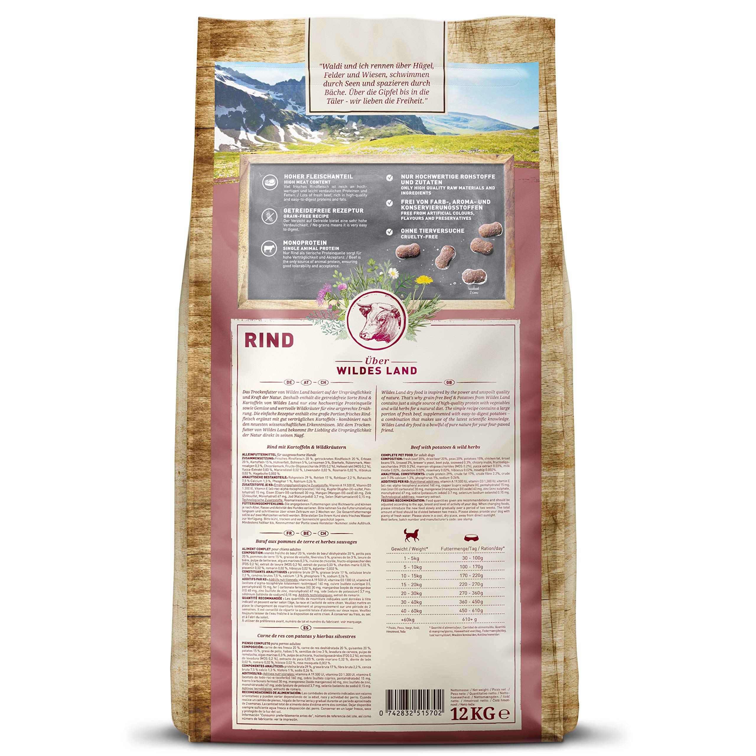 WILDES LAND – Rind | Trockenfutter mit extra hohem Fleischanteil und natürlichen Zutaten für ausgewachsene Hunde. Alleinfutter ohne Zusatzstoffe im Beutel | 12kg Rind
