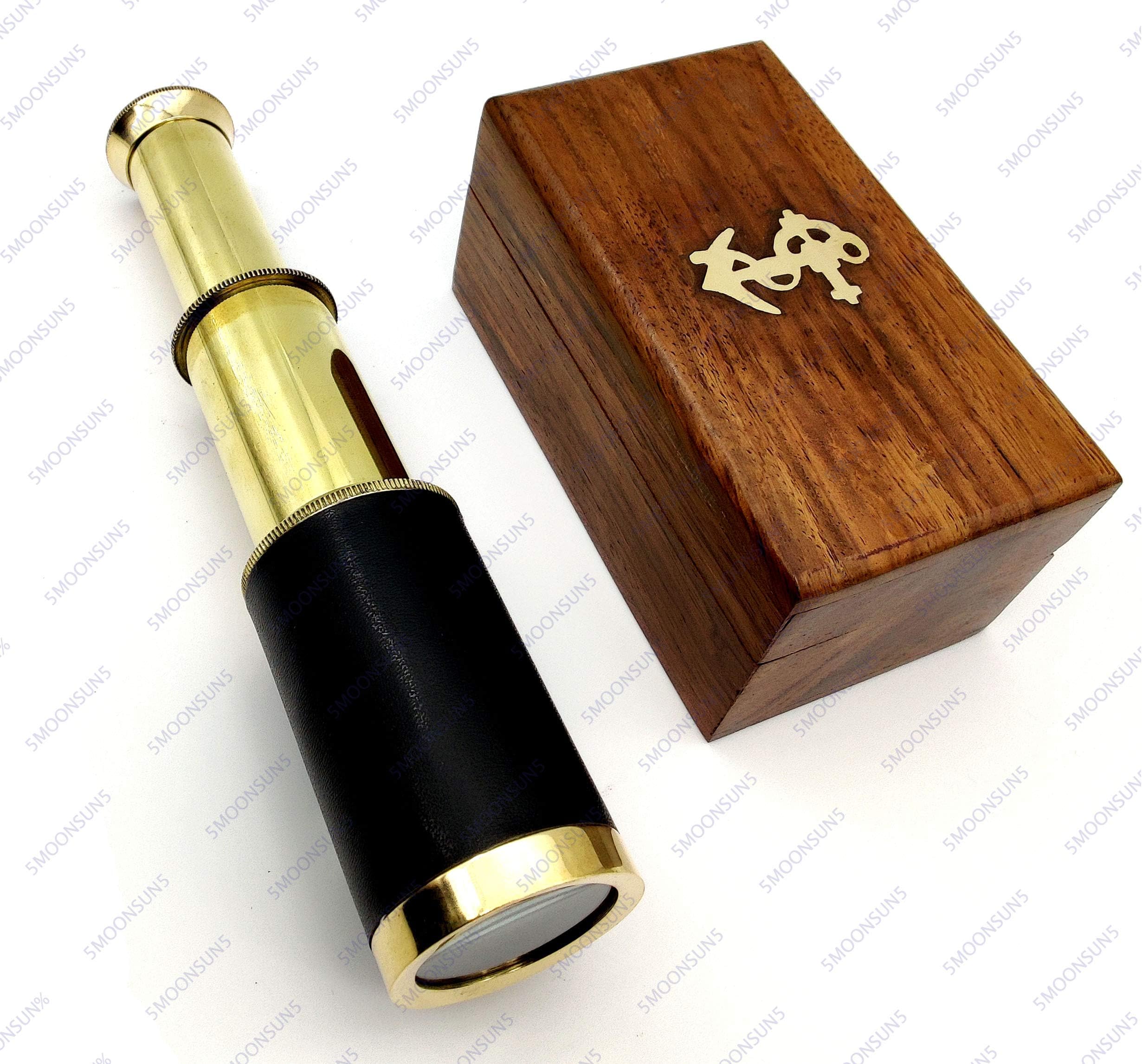 Nautical Brass Spyglass Telescope with Box, Brass (Black Leather)