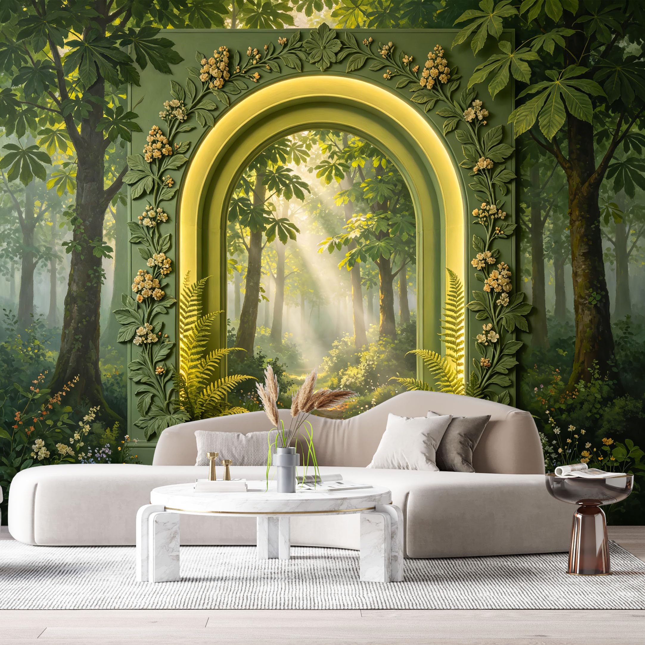 Custom Size Wall Murals Enchanted Forest Sage Green Archway 3D Trompe L'Oeil SelfAdhesiveWall Fabric Removable Wallpaper Wall Decor for Living Room Bedroom Bathroom