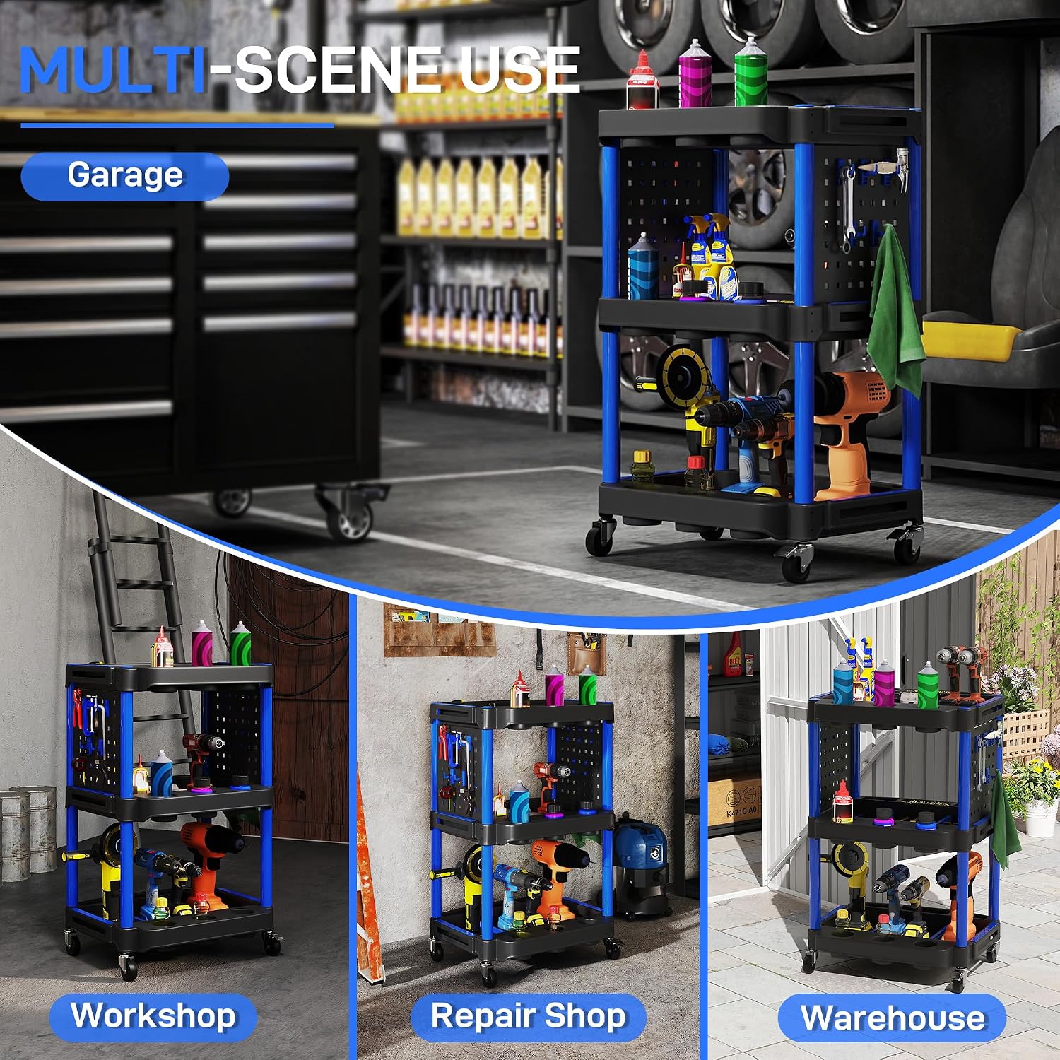 Collage of images showing the HOMCOM 3-Tier Rolling Tool Cart in various settings: garage, workshop, repair shop, and warehouse.