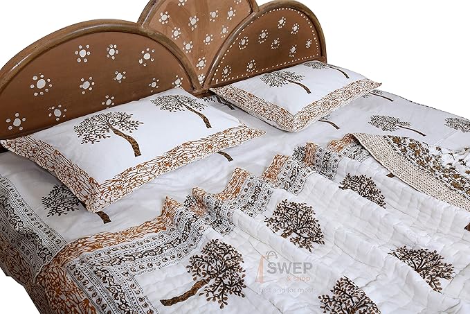 Swep & Shop Hand Block Printed Home Decor Cotton Wedding Bedding Cotton 4-Piece Set (Includes 1 bedsheet, 1 Razai, 2 Pillowcases) - Reversible Razai
