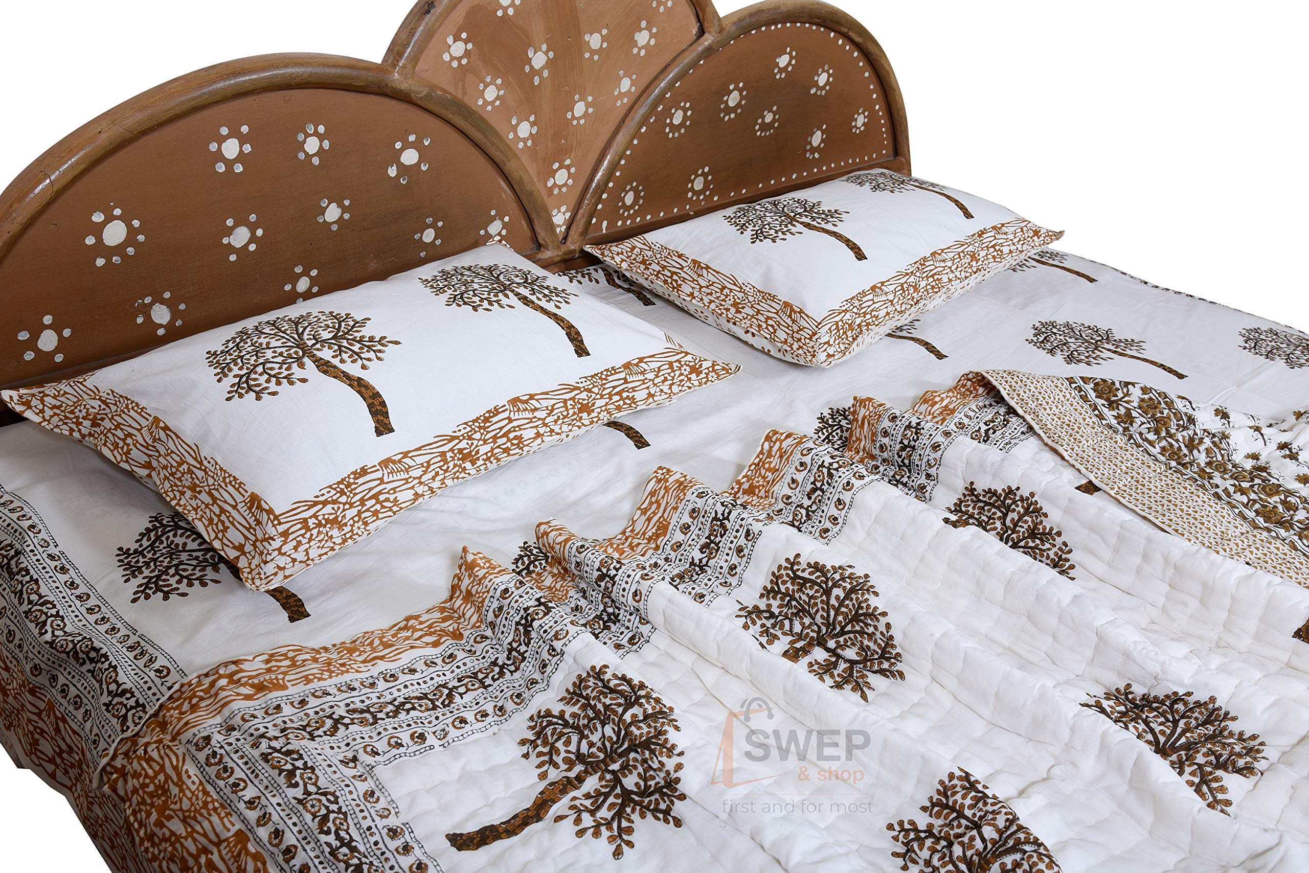 Swep & Shop Hand Block Printed Home Decor Cotton Wedding Bedding Cotton 4-Piece Set (Includes 1 bedsheet, 1 Razai, 2 Pillowcases) - Reversible Razai