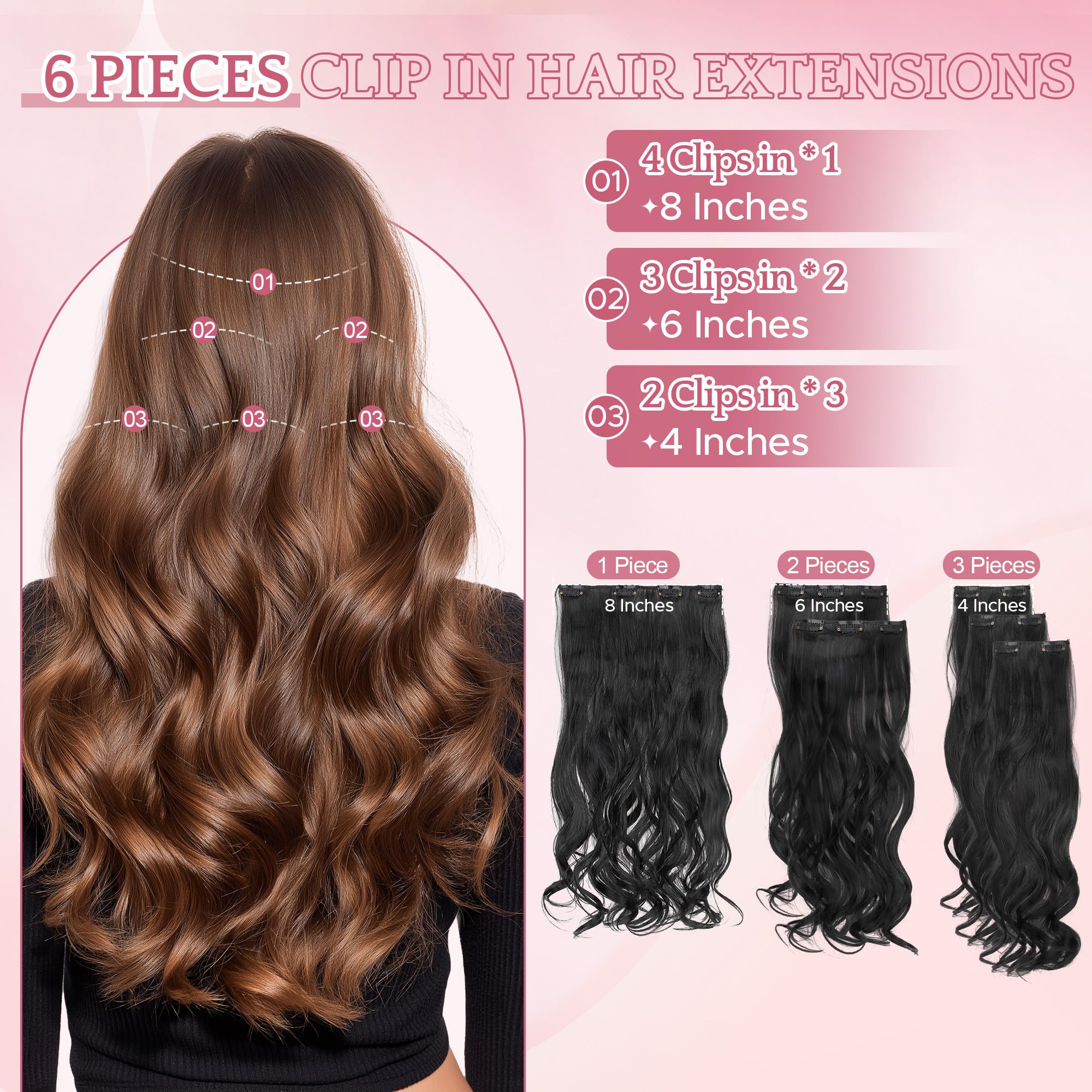 SEGO Clip In Hair Extensions 22 Inch 6PCS Thick Clip In Hair Hairpieces 150g Long Wavy Hair Extension Synthetic Full Head for Women Dark Black - Image 3