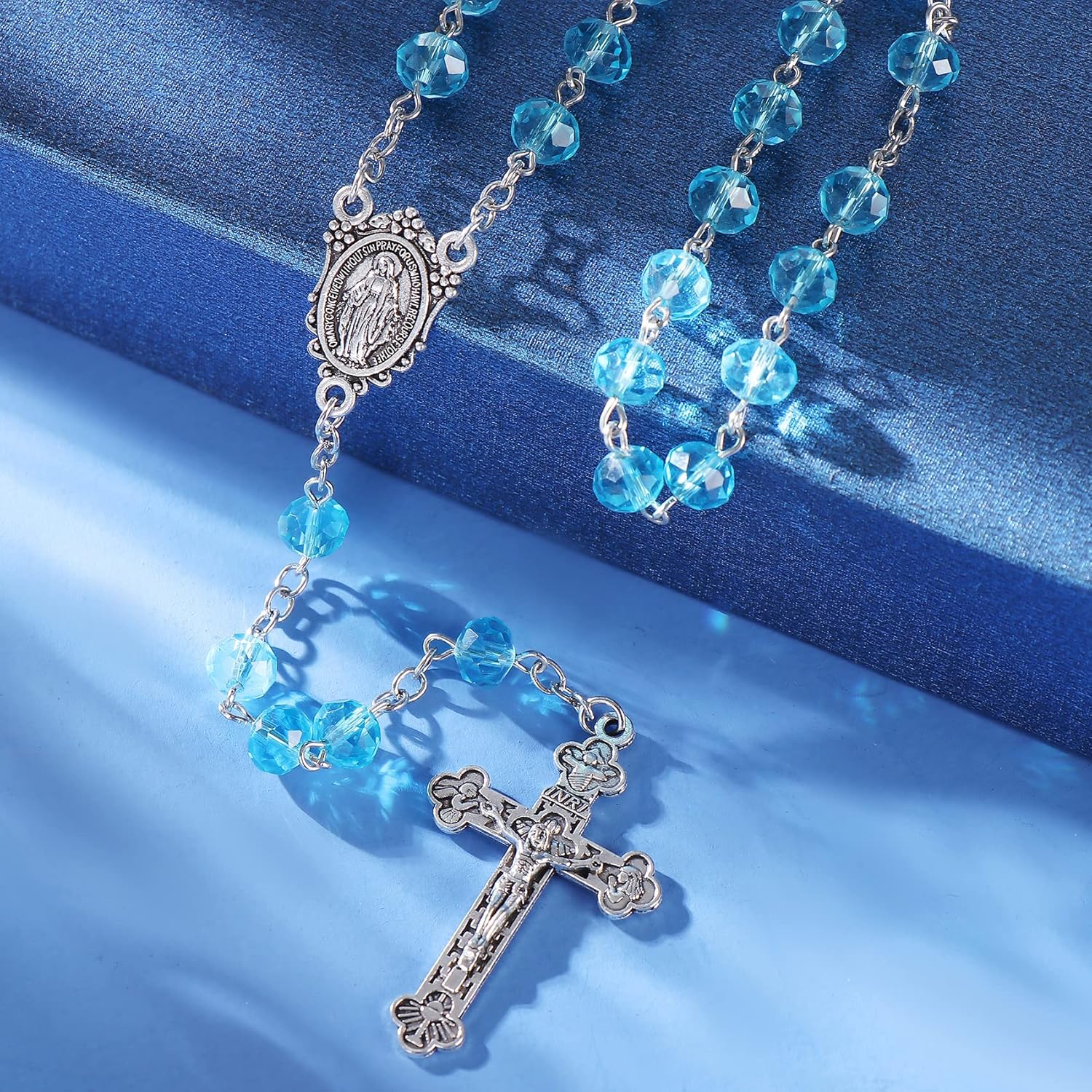 Rnivida Catholic Crystal Beads Rosary with Miraculous Medal, Cross Crucifix Rosaries Communion Rosary for Women - Image 3