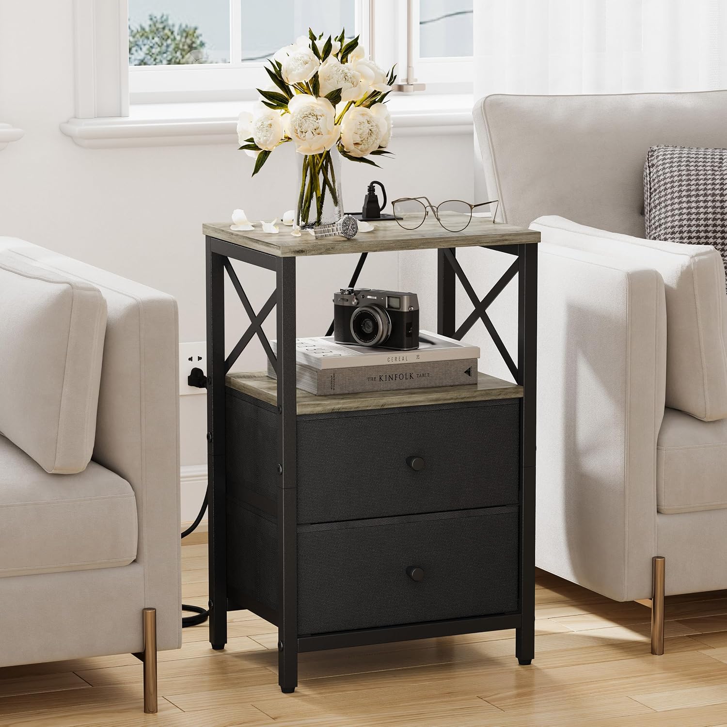 Nightstand Set of 2,Nightstands with Charging Station, Small Bedside Table with Storage, End Table with USB Ports & Outlets,with Fabric Drawers,for Couch, Bedroom(Natural Greige) LET105QK-2