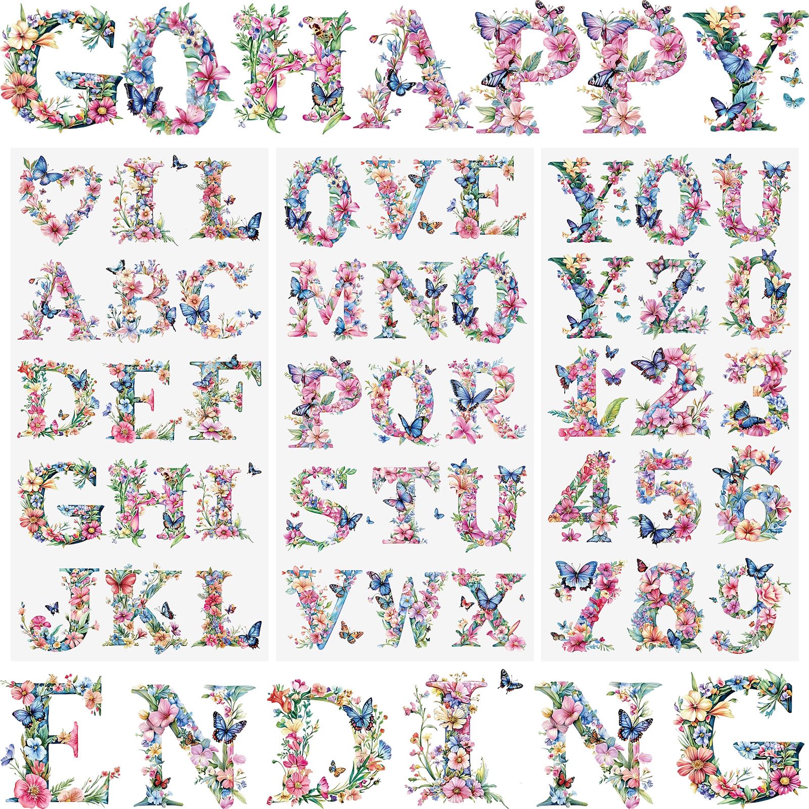 WANDIC 3 Sheets English Alphabet Flowers Rub on Transfer Stickers Waterproof Decals Furniture Stickers Home Decoration Decals for DIY,15 * 30cm