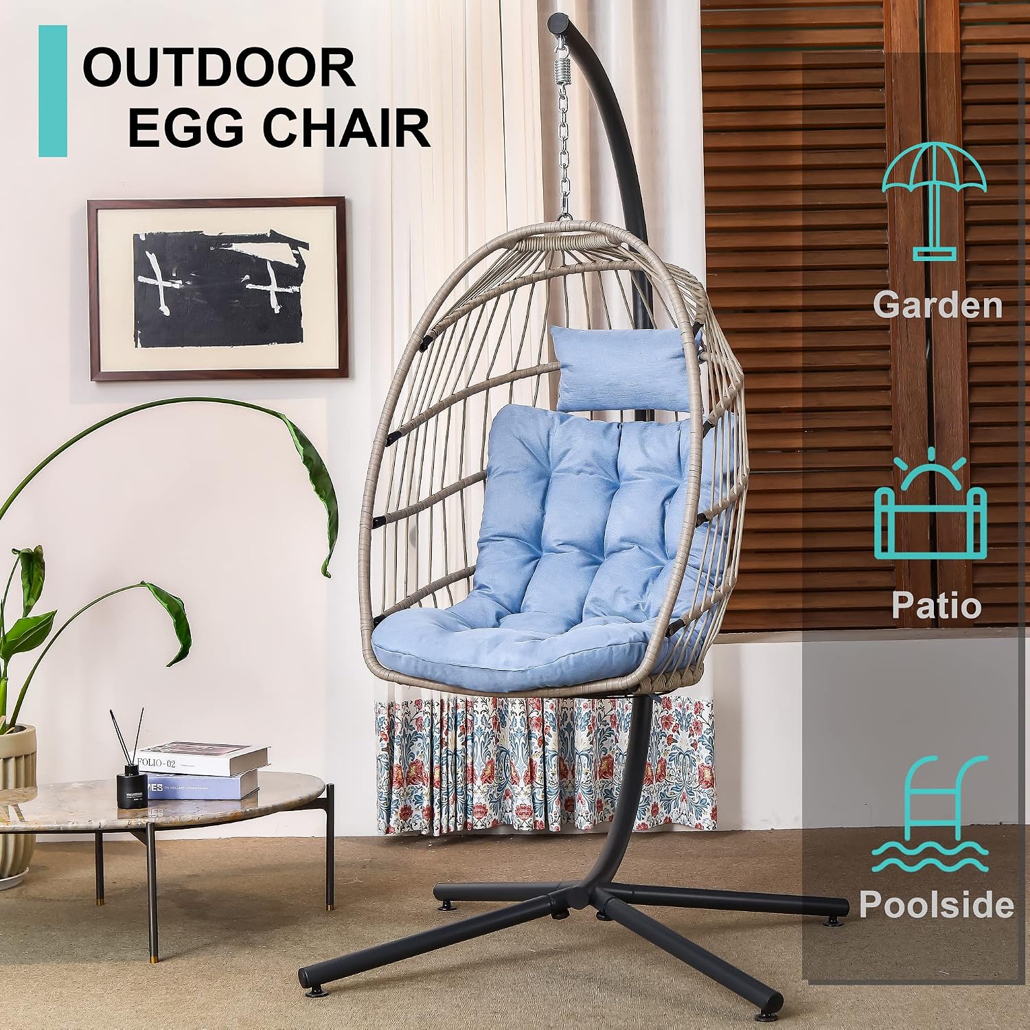 SWITTE Hanging Egg Chair with Stand, Egg Swing Hammock Chair with Stand, Indoor Outdoor Wicker Egg Chair with Cushion Headrest for Patio Bedroom Porch Garden, 350LBS Capacity(Tiffany Blue)