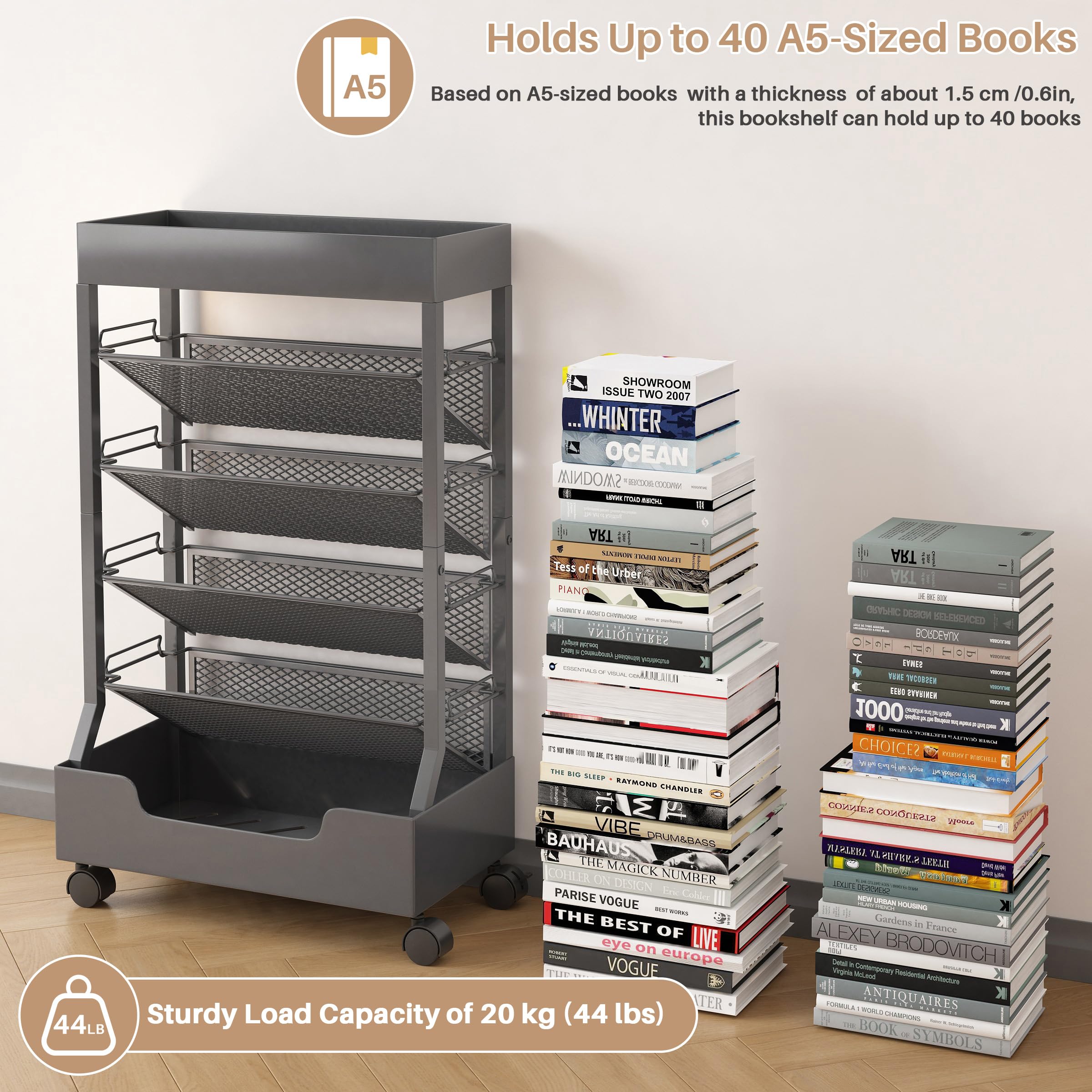 UMDONX Moderner, mobiler Buchwagen, einseitig, rollbares Bücherregal mit Metallplatte und Boden, hochwertige Einrastregale, robuste und elegante Aufbewahrung für Zuhause, Arbeitszimmer, Büro
