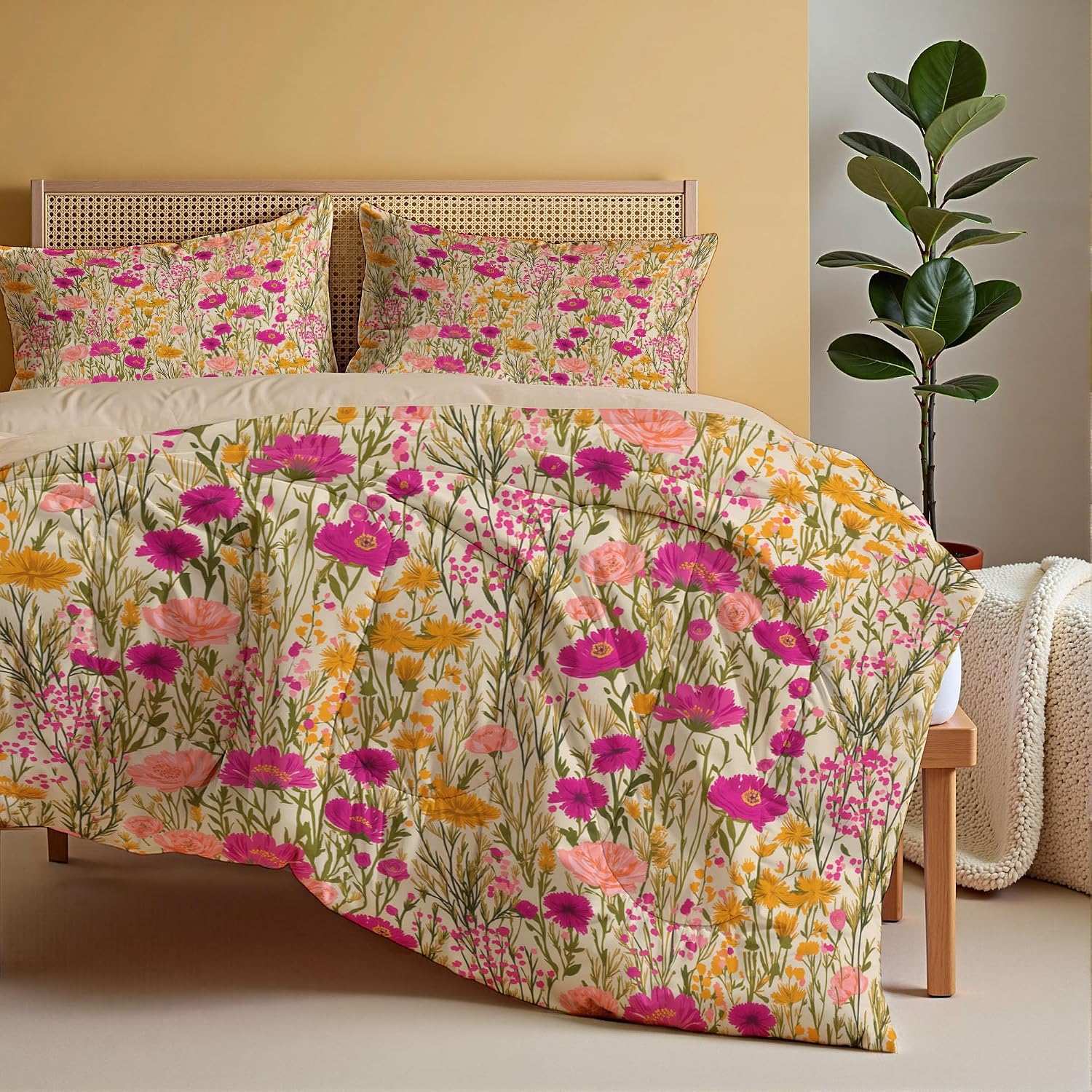 Plants and Flowers Comforter Set Full Size, Floral Branches and Leaves Bedding Set for Girls Boys, Rose Pink Quilt Bed 79"X90" Bedding Comforter Sets with 2 Pillowcase Room Decor