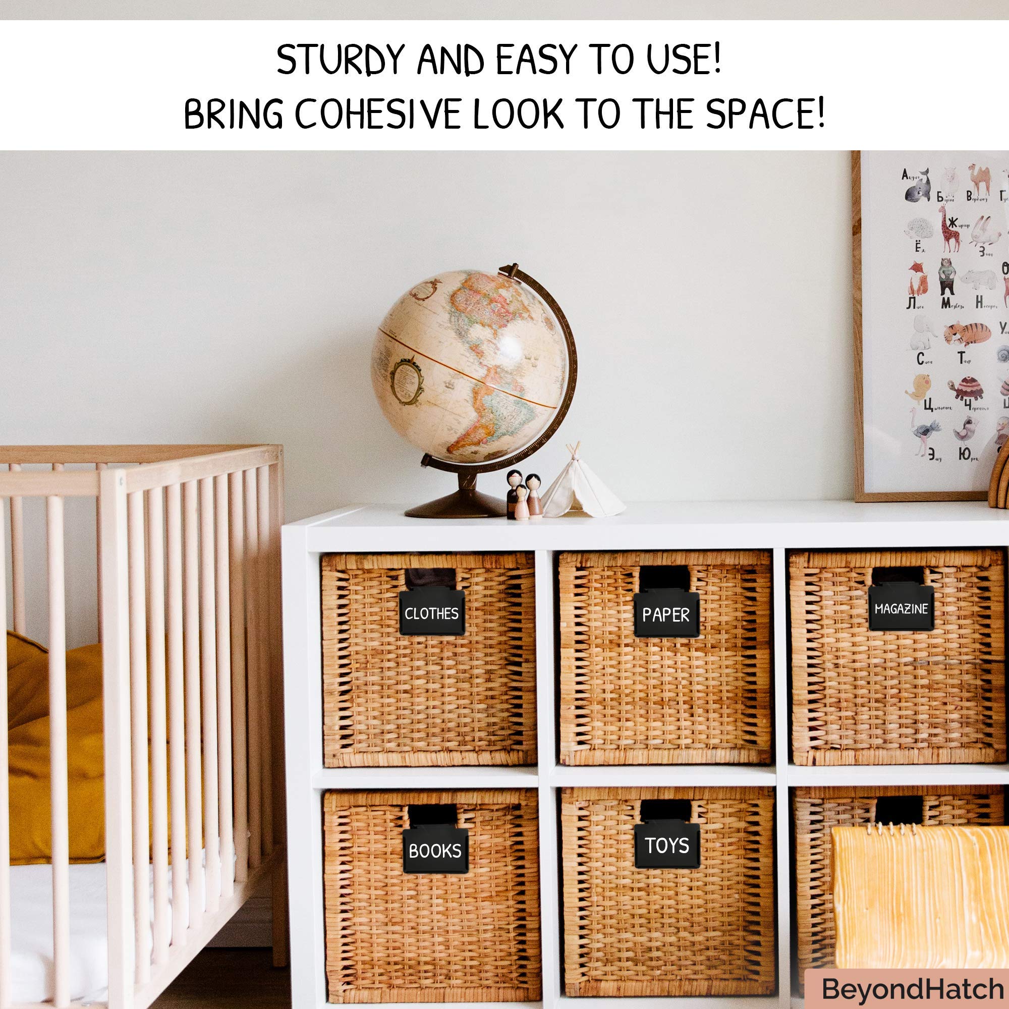 Basket Bin Labels Clip On 10 Black Label Holders with 10 Reusable