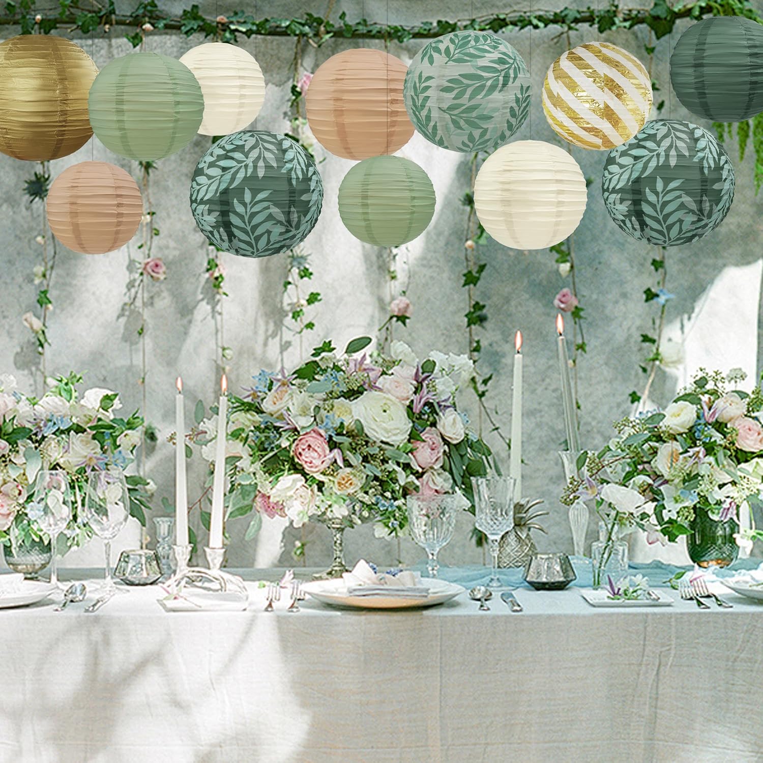 Sage Green Back to School Hanging Paper Lanterns Decorative, 12PCS Sage Green and Gold Forest Birthday Party Decoration with Hooks and Ropes Bridal Shower Wedding Home Decor