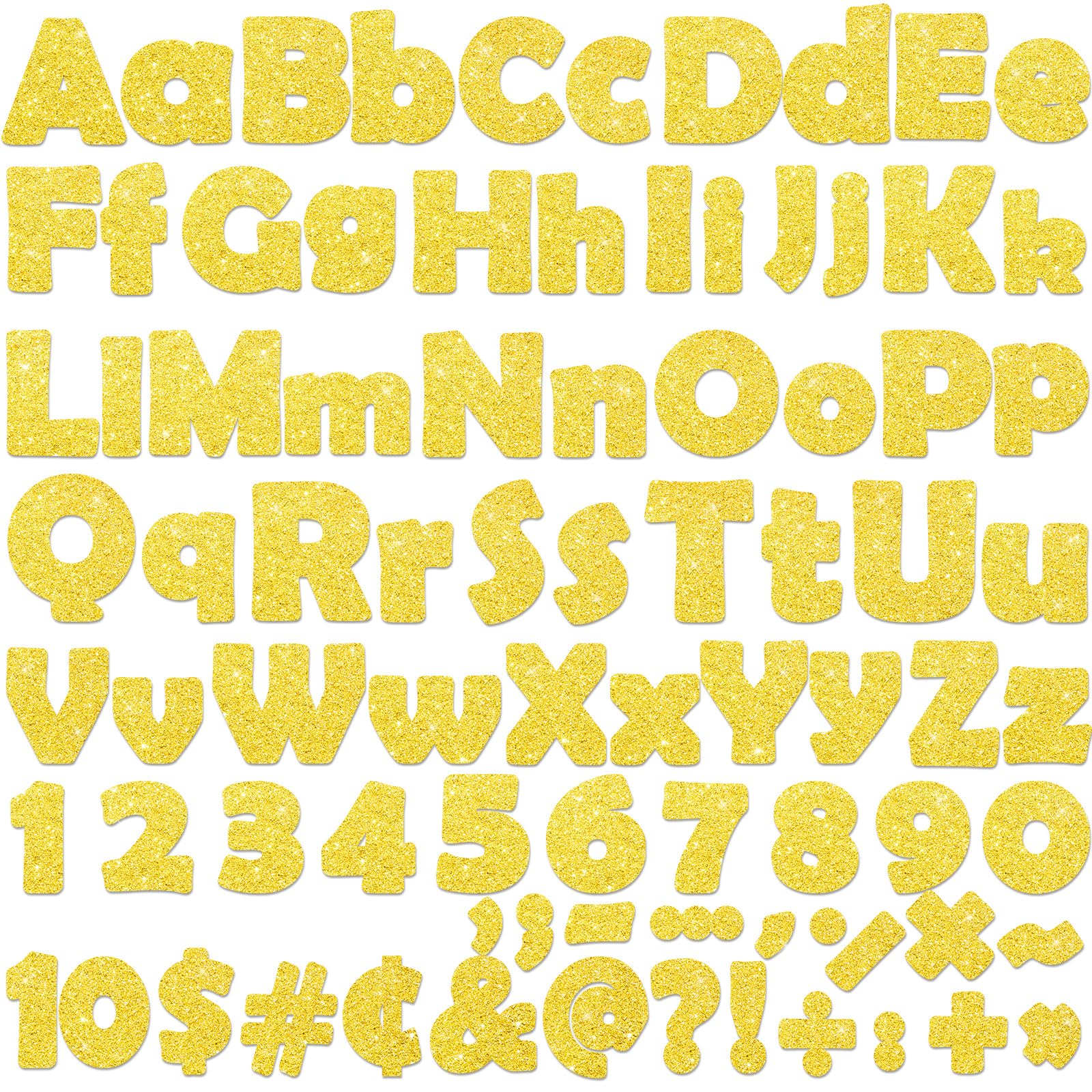 Qyeahkj260Pcs Glitter Gold Bulletin Board Letters for Classroom 4” Letter Combo Pack Set Numbers Alphabet Poster Board with Adhesive Dots Punctuation Symbol Cutout for Chalkboard Classroom Wall Decor