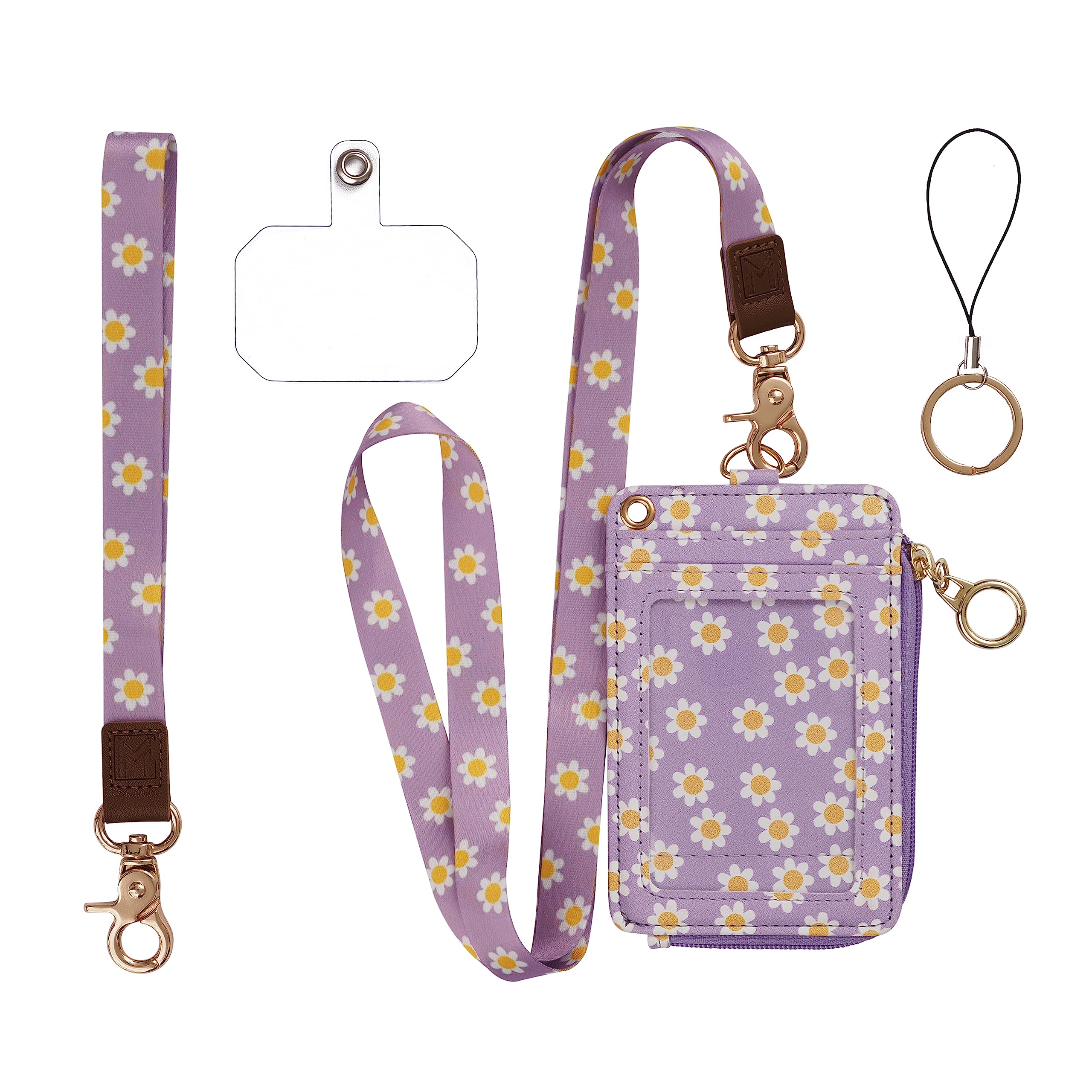 MONDO DESIGNS 2-in-1 ID Badge Holder & Lanyard Wallet - Multi-Use Womens Small Wallet with Removable Wristlet & Neck Lanyard, Clear Window, 5 Card Slots, Phone Holder, Ring Keychain - Purple Daisies — image 1