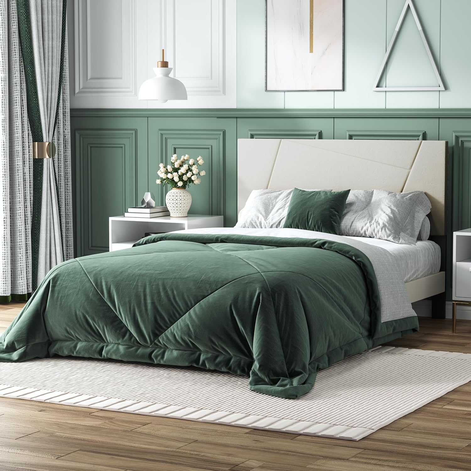 Full Size Bed Frame Platform with Velvet Upholstered Headboard, Geometric, Sturdy Frame and Wooden Slats, Noiseless, No Box Spring Required, Easy to Assemble,Beige
