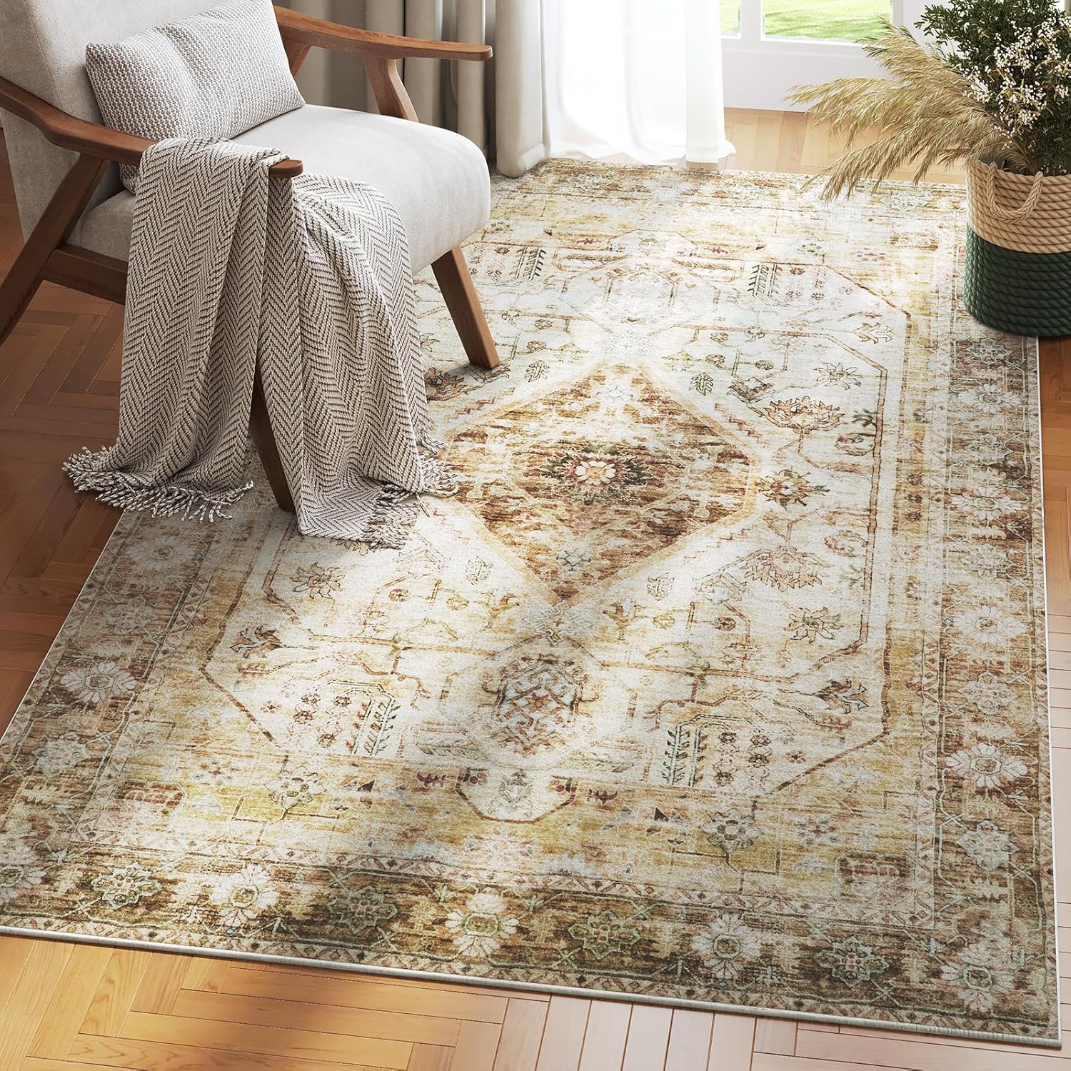 TECHMILLY 3x5 Washable Area Rug, Boho Rugs for Living Room, Soft Indoor Rug with Non Slip Backing, Stain Resistant Vintage Accent Rugs for Bedroom, Low Pile Durable Rugs for Dining Room