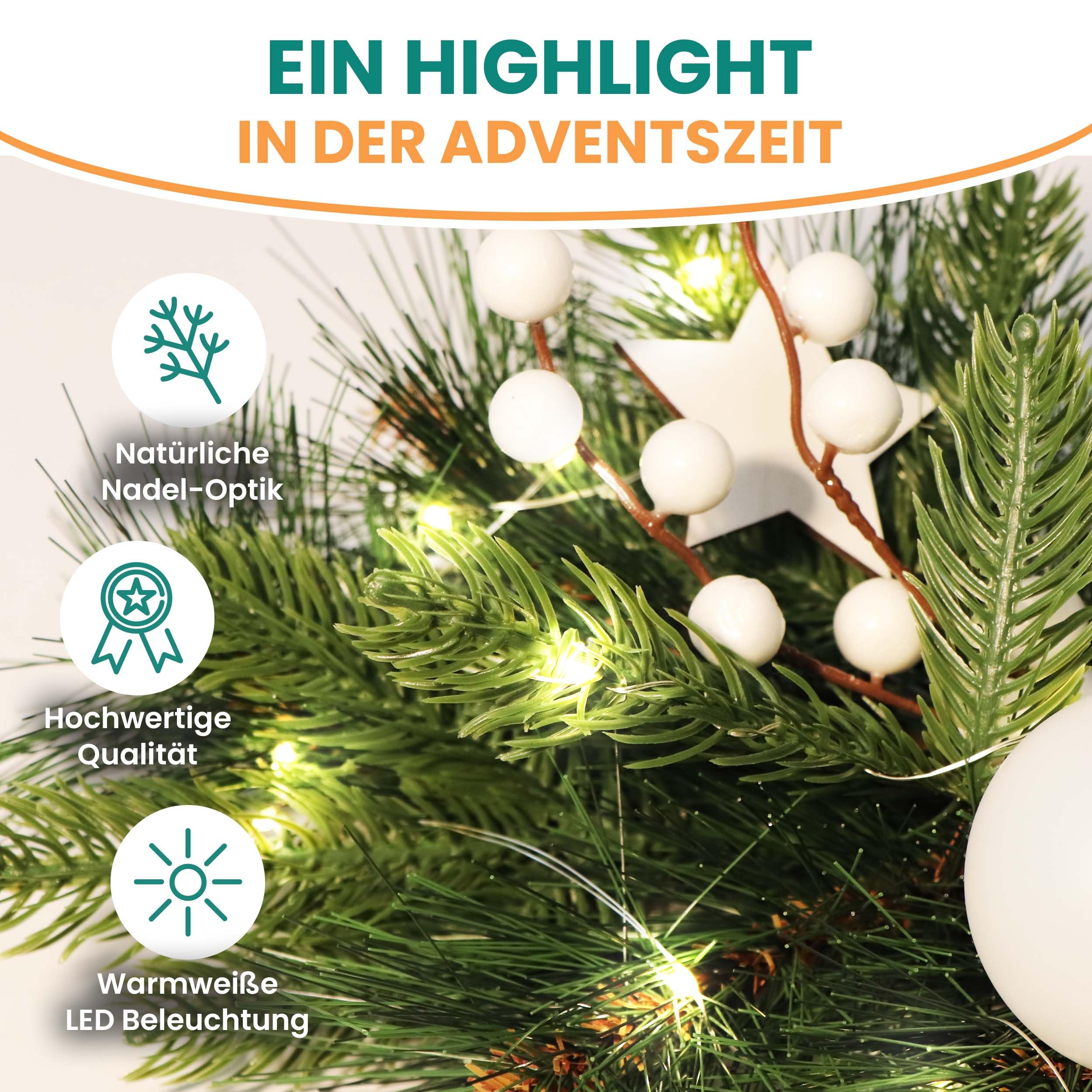 Gartenpirat Adventsgesteck 26x42cm mit 20 LED warmweiß und weißen Dekorationen Weihnachtsdeko für Tisch Fenster Festliche Weihnachtsdekoration für Advent & Winter