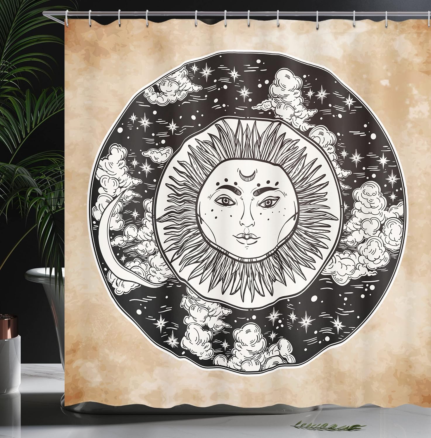 Ambesonne Mystic Shower Curtain, Sun Face in a Circle Motif Esoteric Inner Power of The Cosmos Theme, Cloth Fabric Bathroom Decor Set with Hooks, 69" W x 84" L, Beige Charcoal