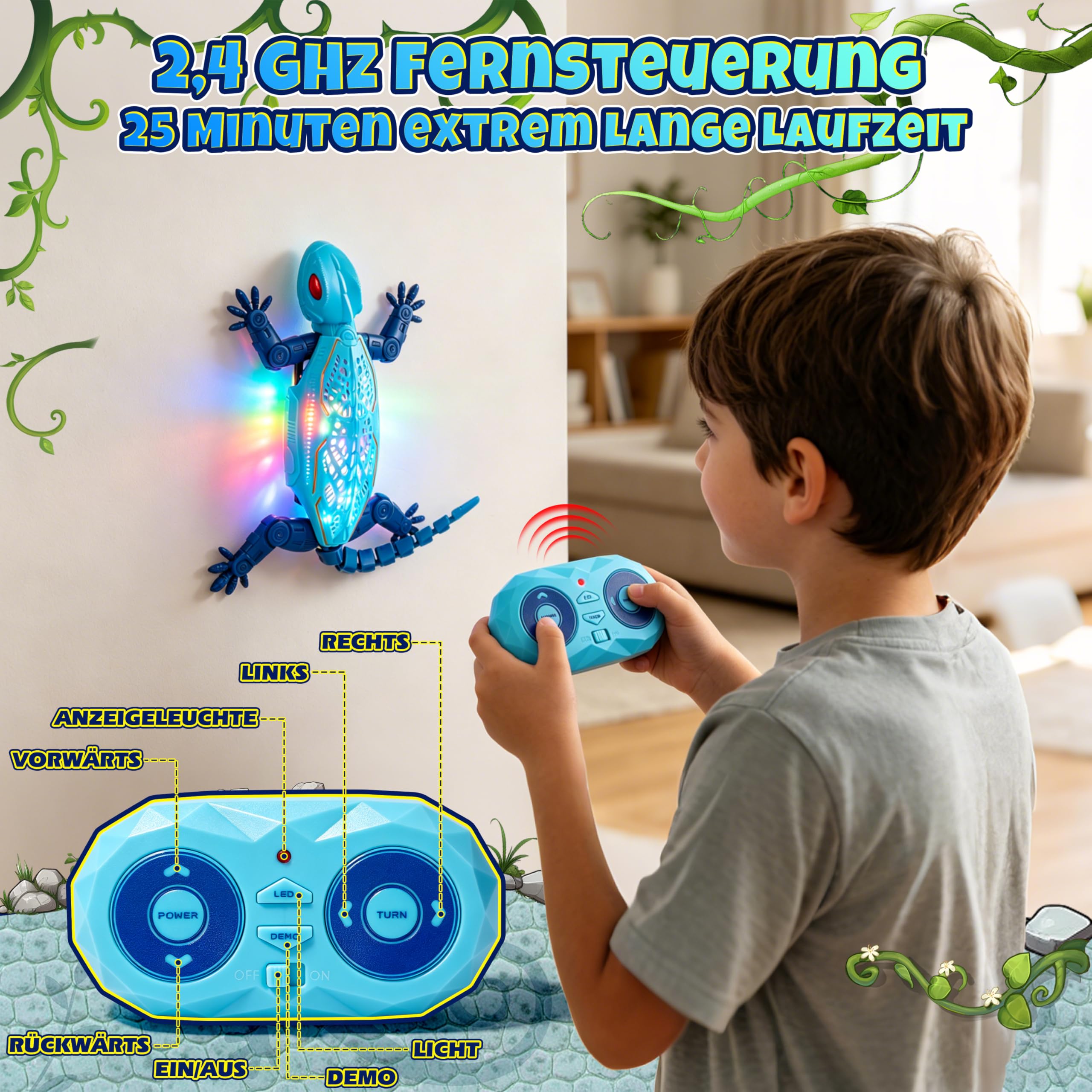 FORMIZON Gecko Wandflitzer mit 9 Beleuchtungsmodi, Ferngesteuerter Gecko an der Wand Spielzeug, Realistische Bewegungen, Interaktives Kinder Roboter Geschenk für Jungen Mädchen ab 3 Jahren (Blau)