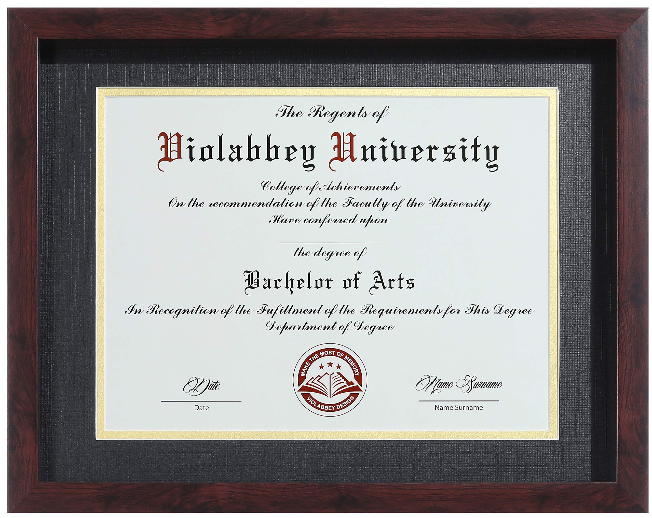VIOLABBEY 11x14 Diploma Frame Brown - 8.5 x 11 Certificate & Degree Frame with mat or 11x14 without mat. HD Real Glass. Document Frame for Wall or Tabletop Display (Black Gold Double Mat)