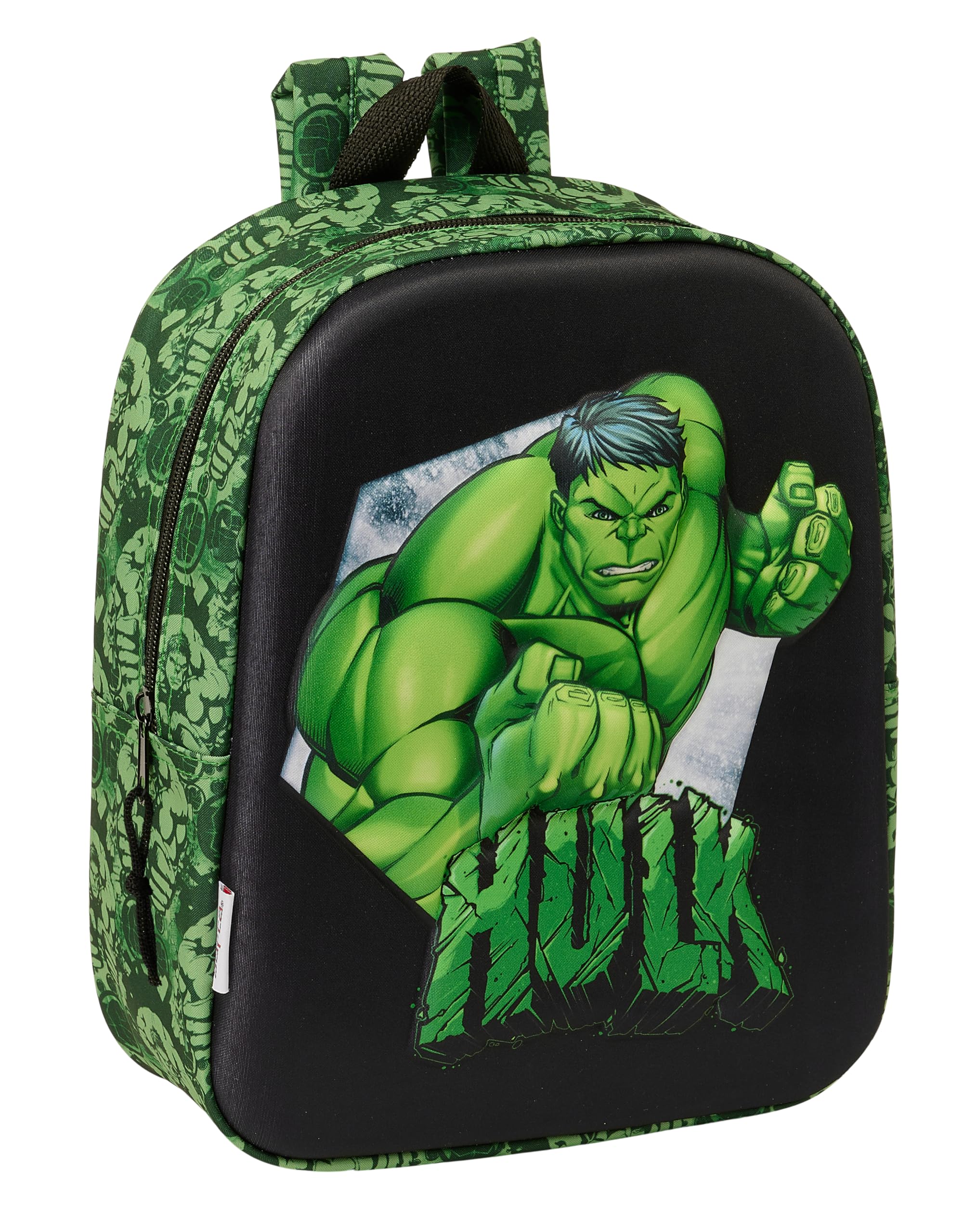 Safta HULK 3D - Mochila de Guardería 3D, Adaptable a Carro, Fácil Limpieza, Ideal para Niños de Diferentes Edades, Cómoda y Versátil, Calidad y Resistencia, 22x10x27 cm, Color Negro/verde