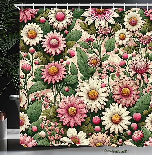 Miniatura 12 de Ambesonne - Cortina de ducha hippie, flores de aspecto de margaritas en ondas groovies abstractas estilo retro de los años 60 y 70, juego de Azul