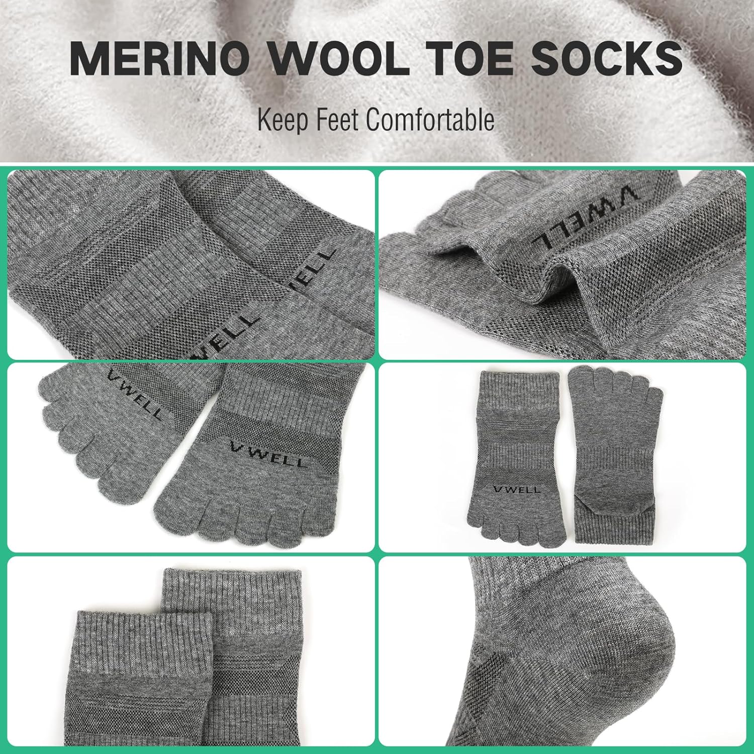 VWELL Merino Wool Toe Socks for Men and Women, Moisture Wicking Ankle Five Finger socks Athletic Running (3Pairs) - Image 4