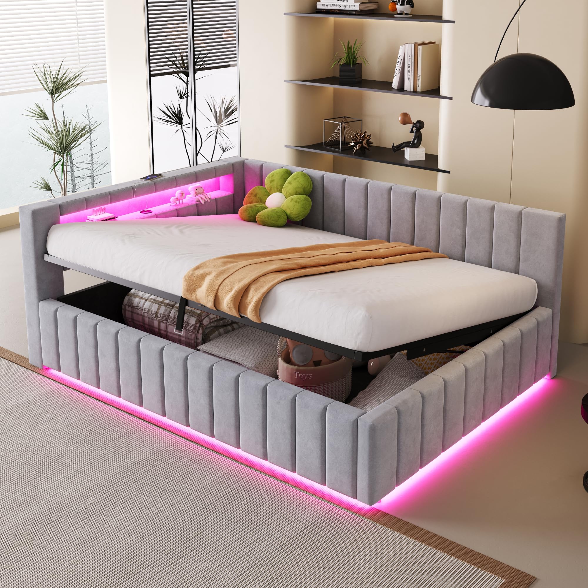 Polsterbett Schlafsofa 140x200, Doppelbett mit Hydraulischem Stauraum, mit LED-Licht und USB-Ladefunktion, Tagesbett Jugendbett mit Lattenrost, Samtstoff, ohne Matratze, Hellgrau
