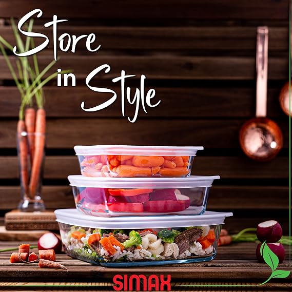 SIMAX Square Glass Food Storage Containers With Lids: Meal Prep Container Glass - Made with Borosilicate Glass - Set of 3 Glass Food Prep Containers With Lids Airtight - Small, Medium And Large