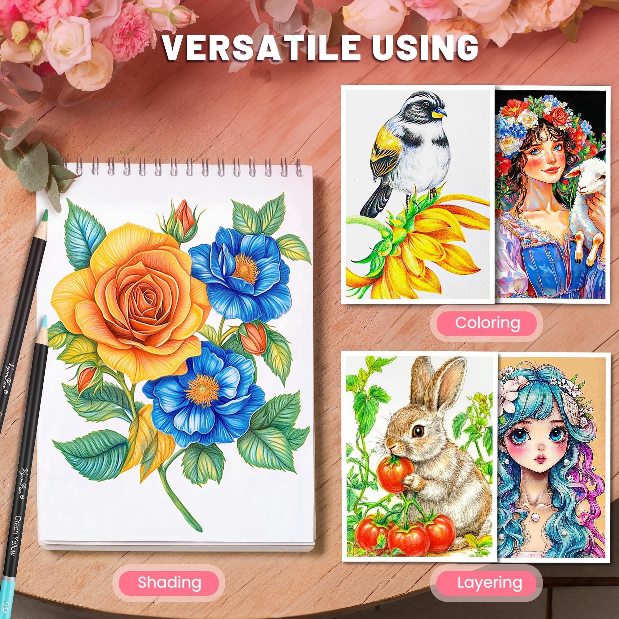 VigorFun Buntstifte-Set mit tragbarem Geschenketui, Kunstbedarf, 120 Buntstifte, 3-farbiges Skizzenbuch, Malbuch, Skizzenbuch, Spitzer, professionelle Zeichenstifte für Erwachsene und Kinder (grau)