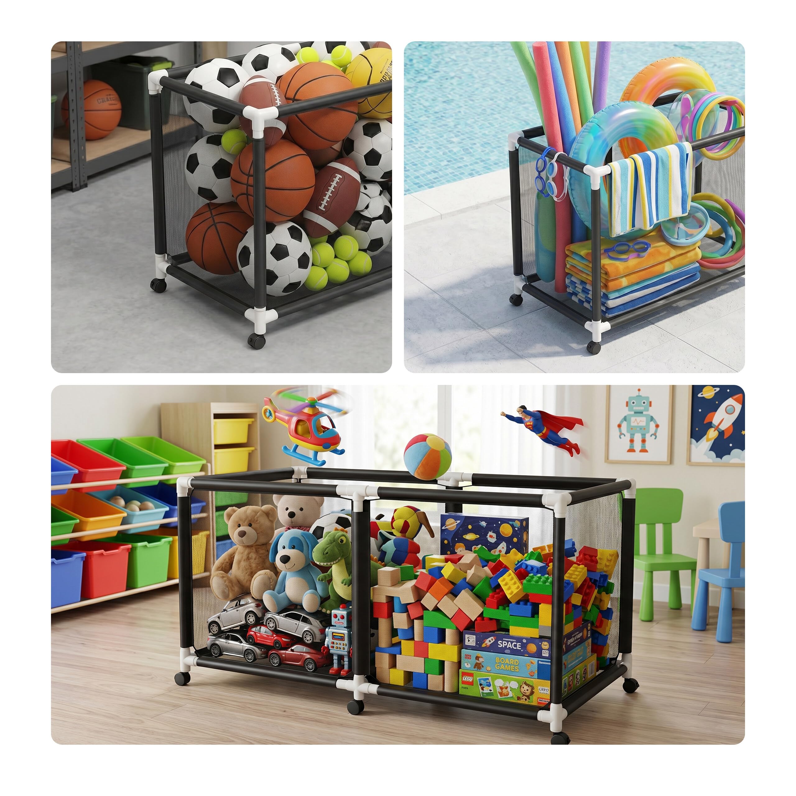 Relaxdays Carrello Porta palloni, 4 Ruote con Freno, Gabbia Mesh per Calcio/Pallacanestro/pallavolo, Taglie M-L, Nero