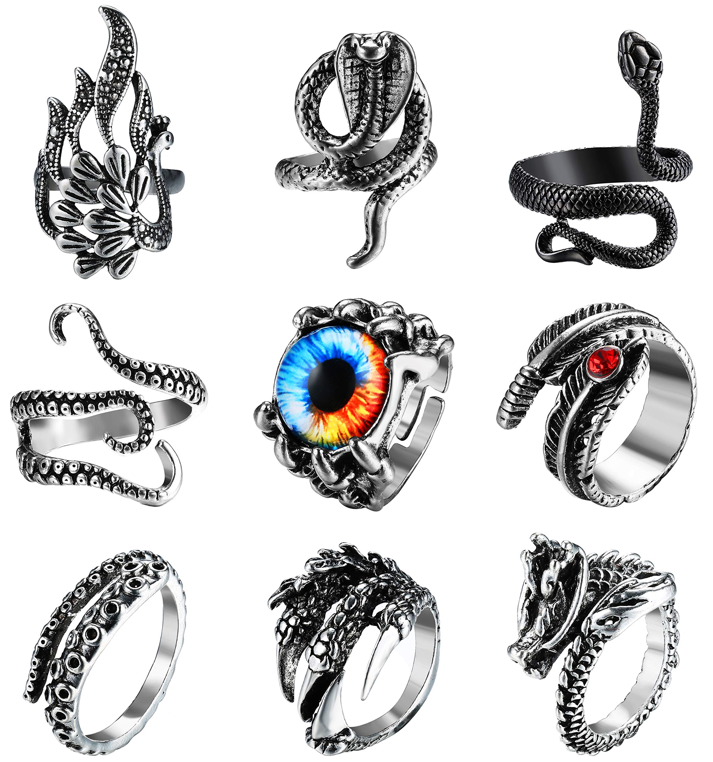 Jstyle9Pcs Vintage Punk Rings for Men Women Snake Ring Dragon Open Rings Set Knuckle Stacking Ring Boho Finger Rings