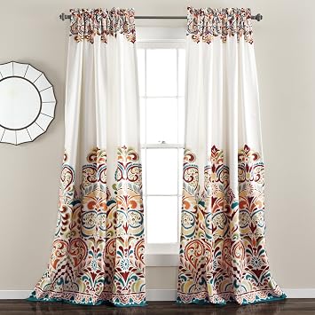 Lush Decor Clara Curtains Paisley Damask Print Bohemian Style Light Filtering Window Panel Set for Living, Dining, Bedroom Pair, 52" W x 84" L, Turquiose & Tangerine