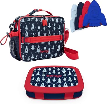 Bentgo Prints Insulated Lunch Bag Set With Kids Bento-Style Lunch Box and 4 Reusable Ice Packs Space Rockets