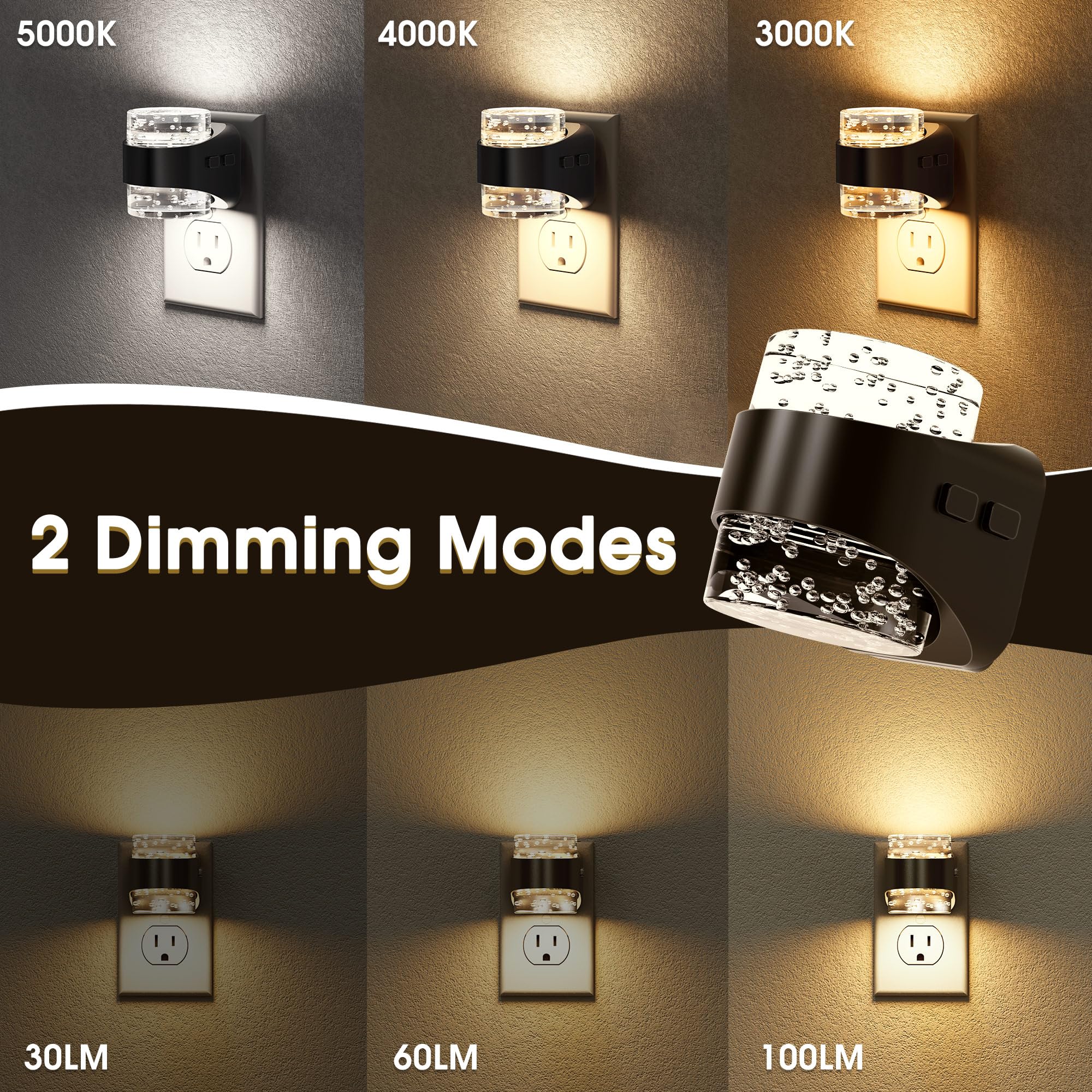 Briignite - Luz nocturna LED enchufable en la pared [Paquete de 2] - Luz nocturna regulable con diseño de burbujas 3000 K/4000 K/5000 K y 3 niveles de brillo para guardería, pasillo, baño, habitación