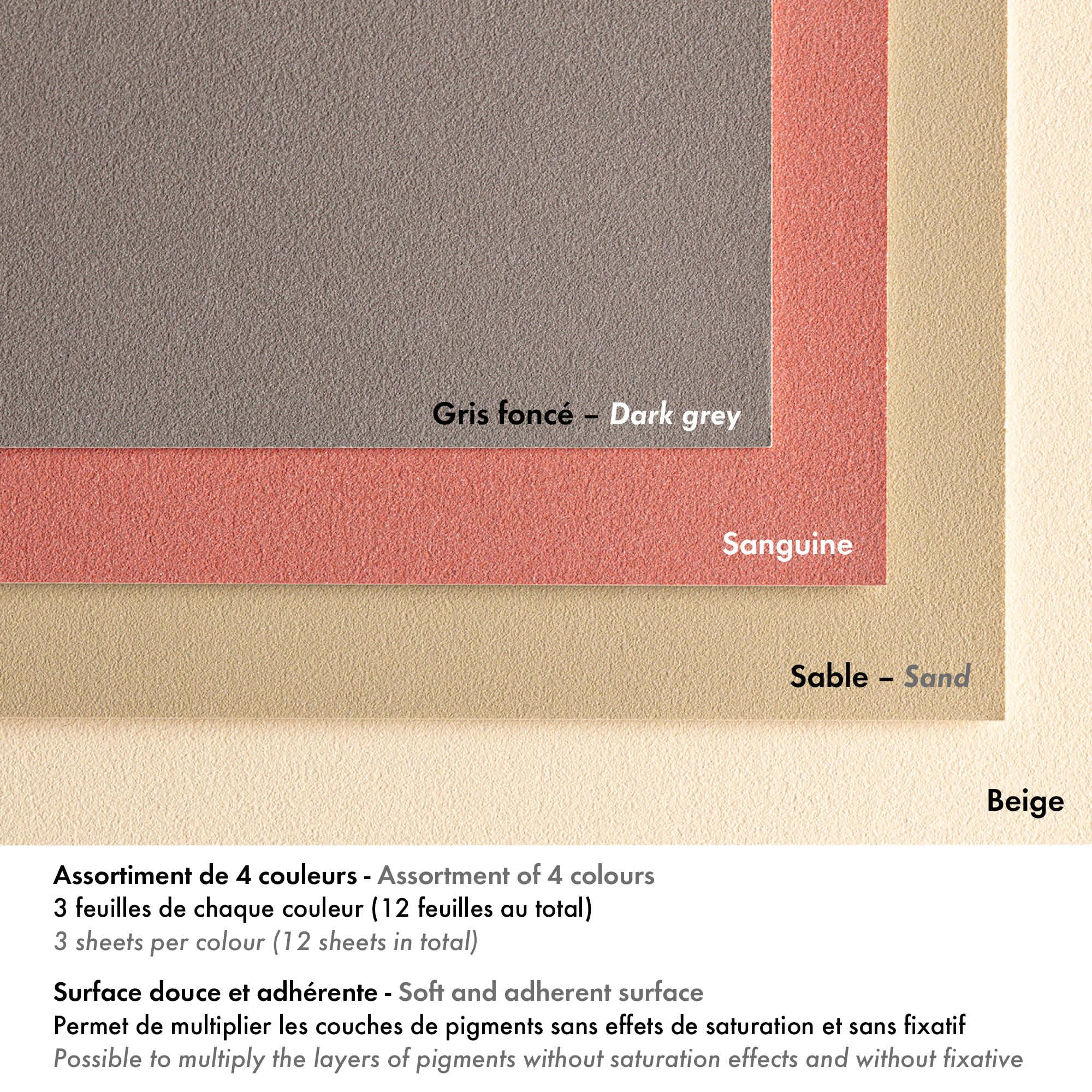 Clairefontaine 96054C Blocco collato Pastelmat n°7 - 12 Fogli di carta Speciale per Pastelli secchi - 30x40 cm 360g - 4 Colori Assortiti - Divisori in carta Cristal