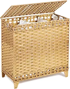 Laundry Hamper with 3 Removable Liner Bags; 132L Handwoven Rattan Laundry Basket with Lid & Heightened Feet; Clothes Hamper with Side Handles; Laundry Sorter with 3 Separate Sections (Natural)