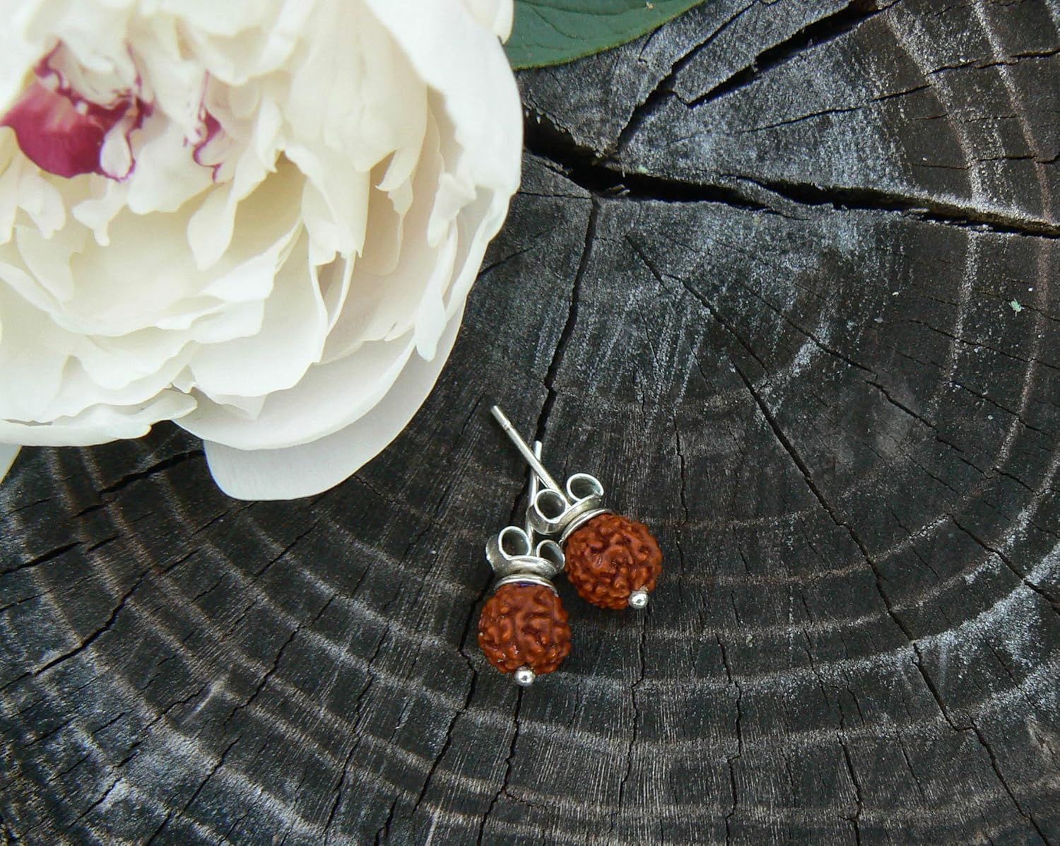 Rudraksha Stud Earrings - Handmade, Gold or Silver, Small 5 Panch Mukhi Real Rudraksh Seed Bead, Kundalini Yoga Jewelry, Hindu Earring for Men and Women, Shiva Shakti Symbol