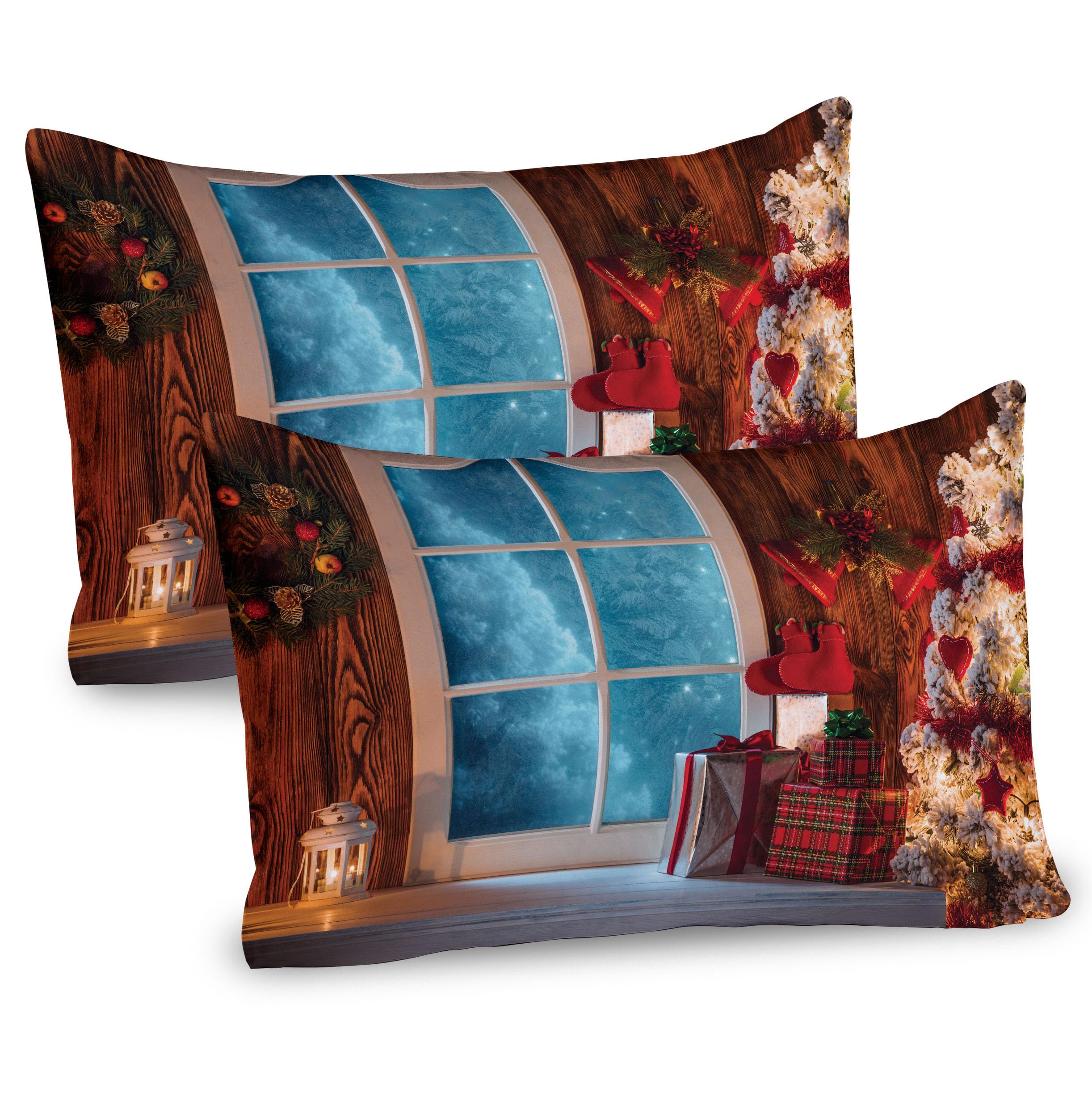 Ambesonne Christmas Pillow Sham Set of 2, Xmas Scenery in House with Frozen Window Traditional Annual Design, Quality Microfiber Bedding Item for All Seasons, 26