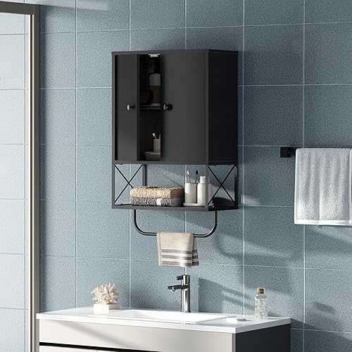 Vista 5 de Armario de pared de baño con 2 puertas y estante ajustable, botiquín de granja con toallero, armario de almacenamiento montado en la pared de 3 Negro