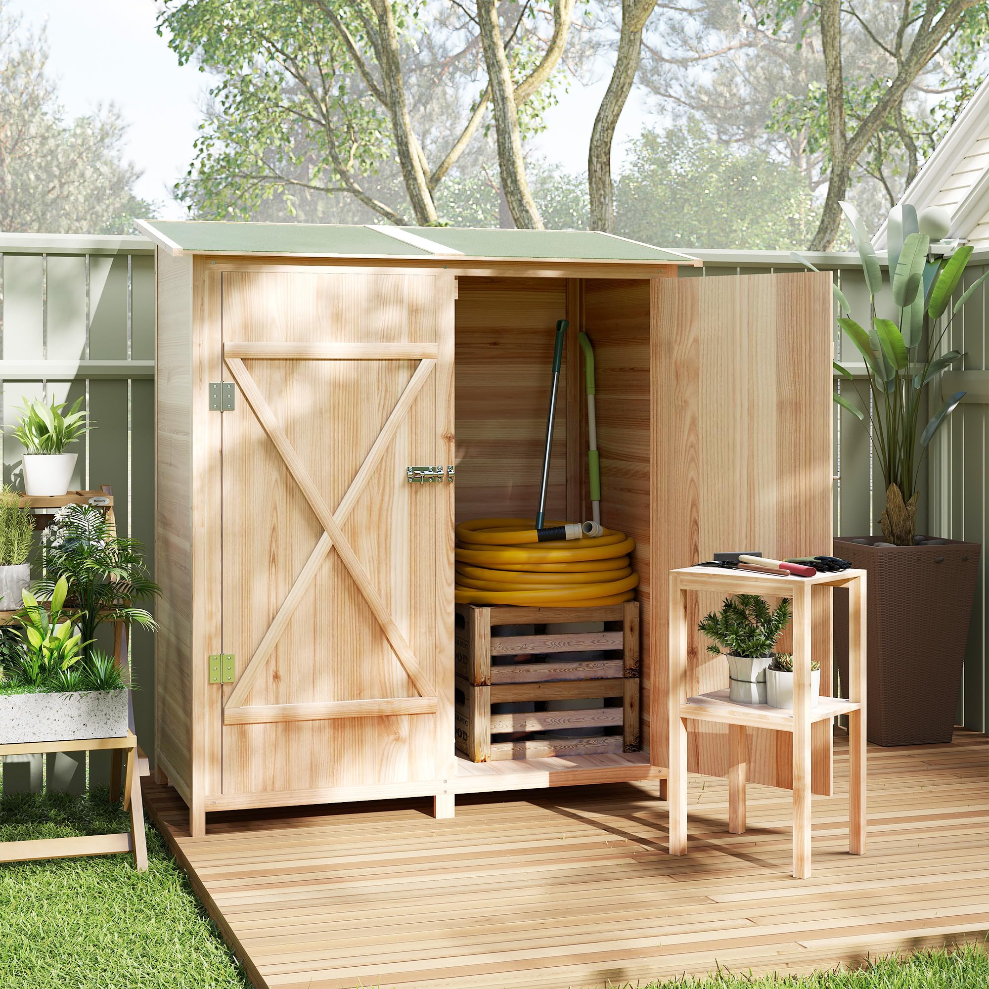 Outsunny Armoire de Jardin Cabane à Outils 2 Portes verrouillables Toit en Bitume imperméable Bois de Sapin 140x75x157 cm