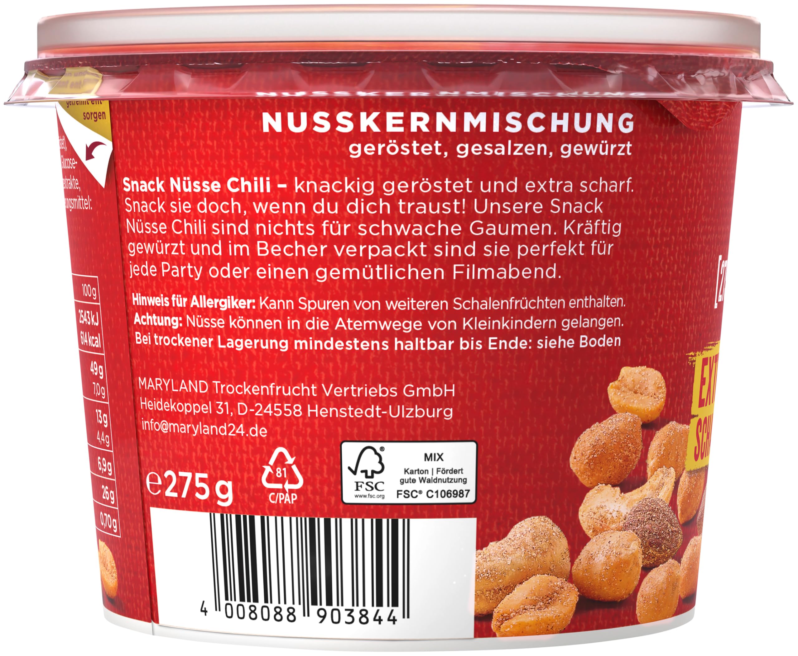 Maryland Snack Nüsse Chili 275g Becher Vorratspack - Erdnüsse, Cashewkerne und Mandeln in Nussmischung - knackig-scharf gewürzt und geröstet - wiederverschließbarer Becher (6 x 275g)