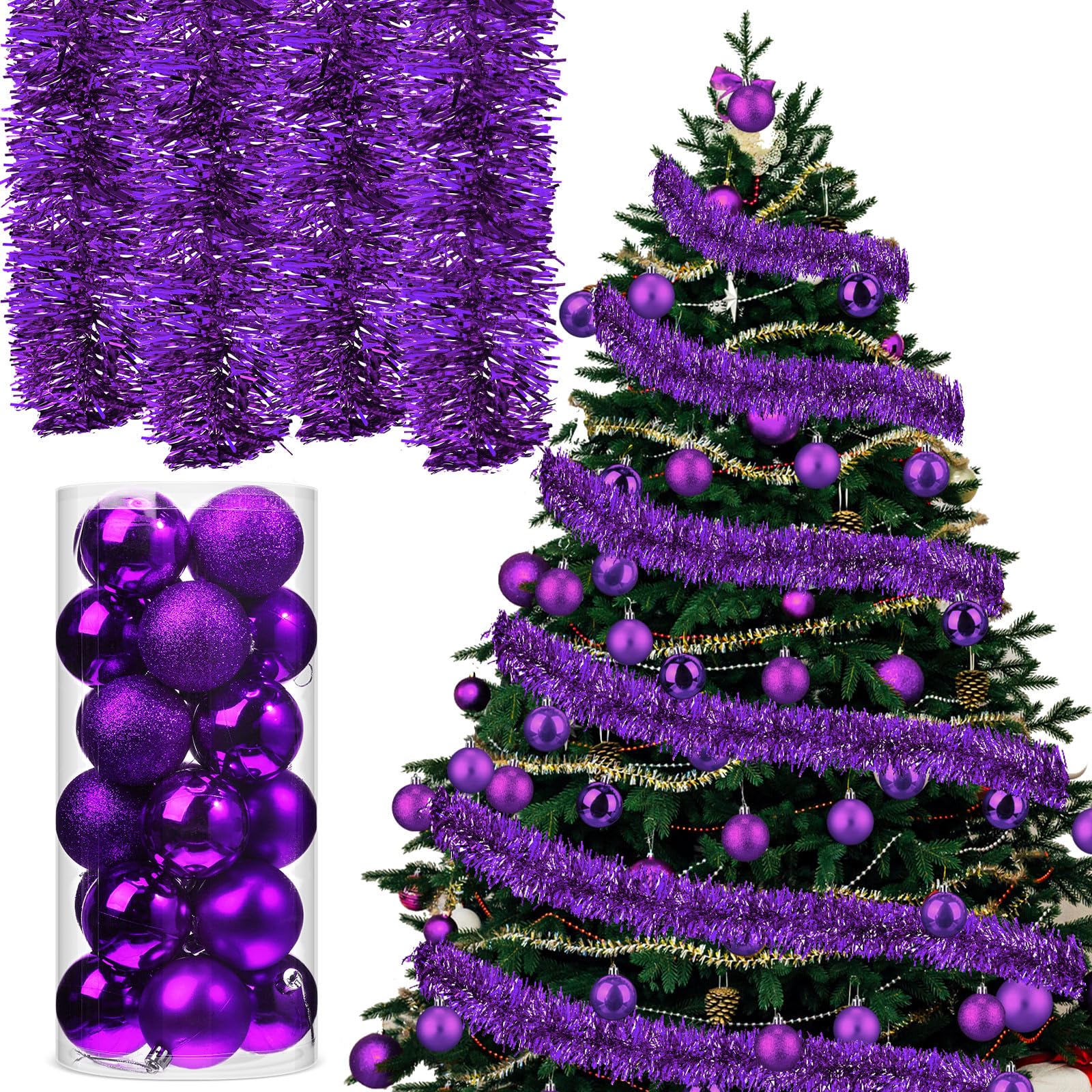 Weihnachten Lametta Girlande mit 24 hängenden Weihnachtskugeln Ornamente Metallic Twist Girlande Disco Weihnachtsbaum Dekorationen für Xmas Urlaub Hochzeit Geburtstag Party Dekoration (Lila)