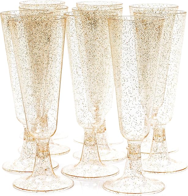 MATANA - 50 Elegant Gold Glitter Multi-Use Plastic Champagne Flutes, 150ml - Gift Set for Valentines Garden Wedding Anniversary Birthday Party
