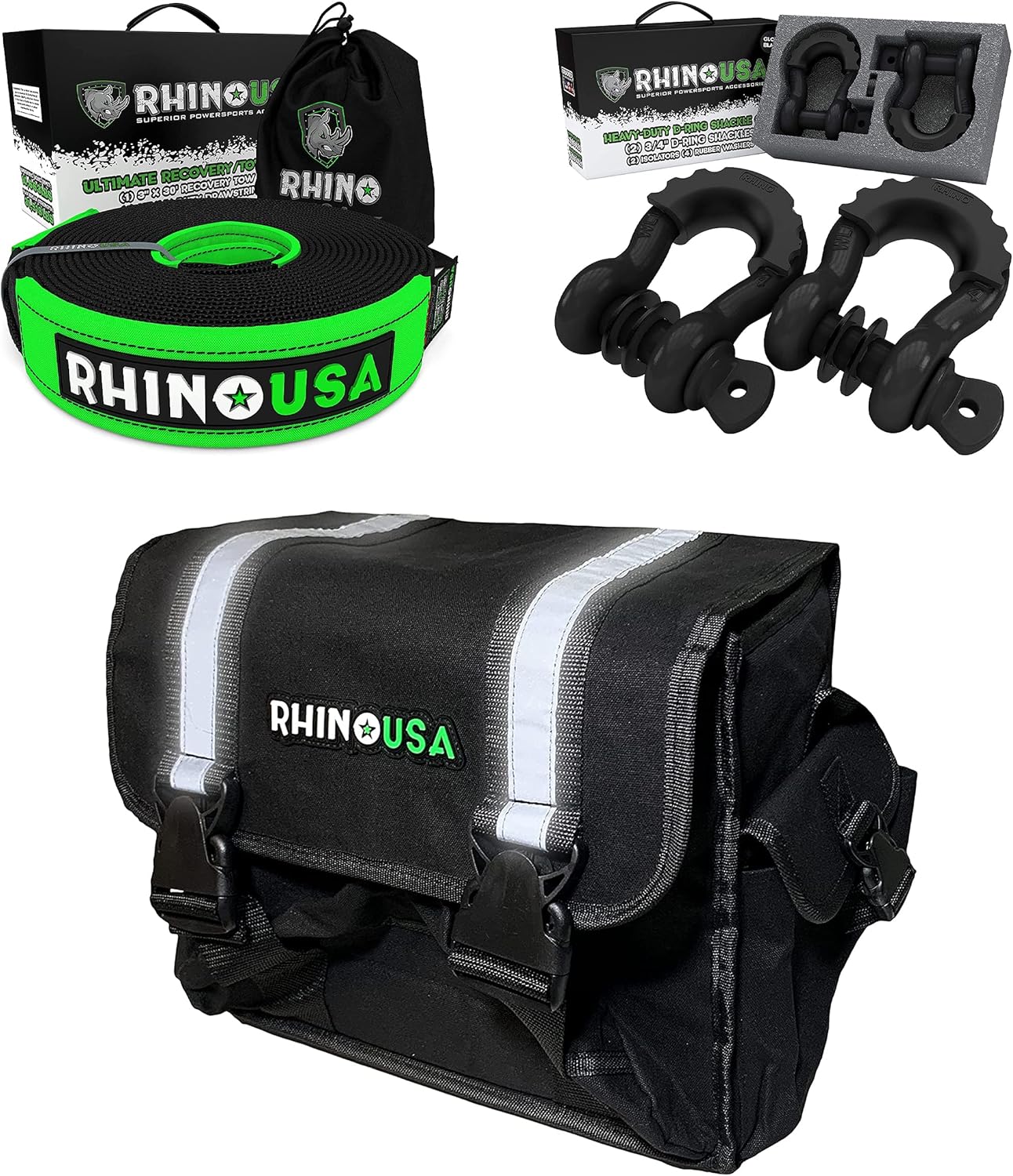 Rhino USA Bundle - Recovery Tow Strap (3x30) + D Ring Shackles (3/4) + Recovery Gear Storage Bag - Guaranteed for Life! : Automotive
