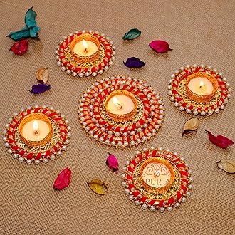 Jaipur Ace Decorative Diwali Tealight/Diya Set for Home Decoration | Traditional Handmade Rangoli Tealight Tealight/Candles Set for Diwali Ganesh Chaturthi Laxmi Pooja (Set of 5)